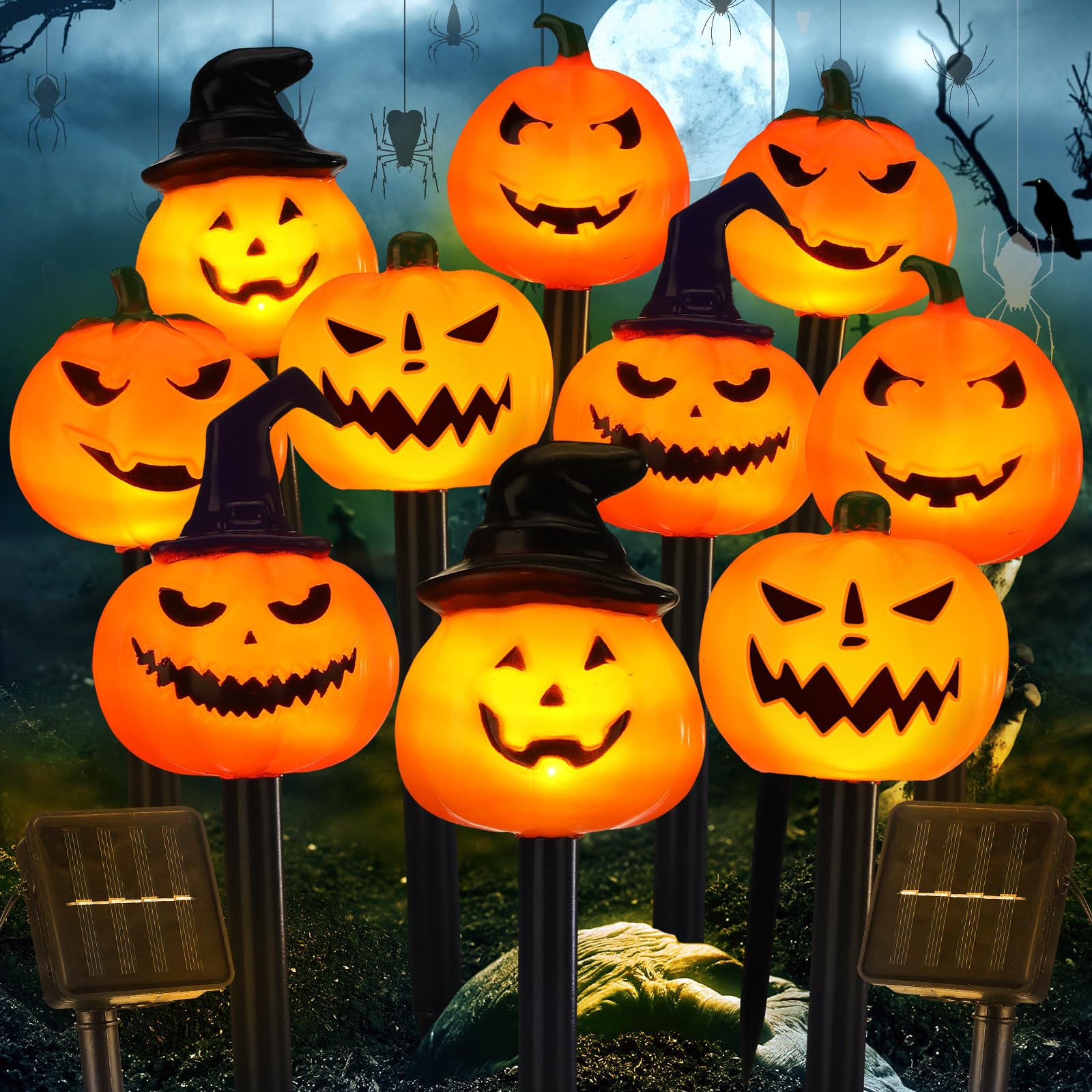 Retisee 10 Pcs Halloween Pumpkin Solar Lights Stakes Pumpkin Pathway Lights Outdoor Halloween Decoration Outdoor for Lawn Party
