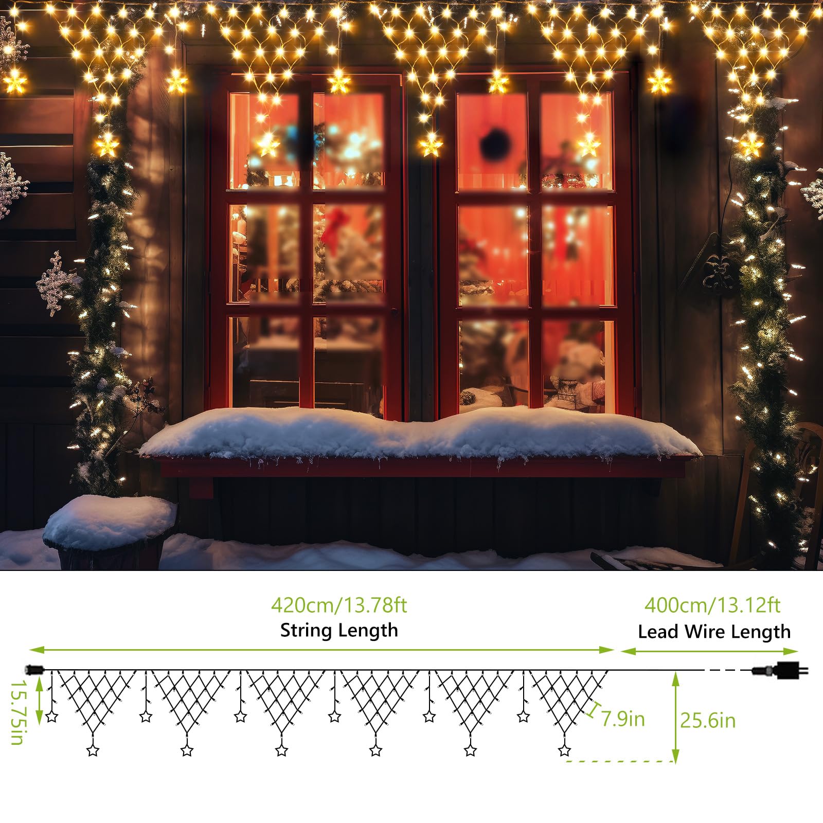 Miniao 218 Led Christmas Fairy Lights, 13.8Ft Curtain String Light, Warm White, 8 Modes