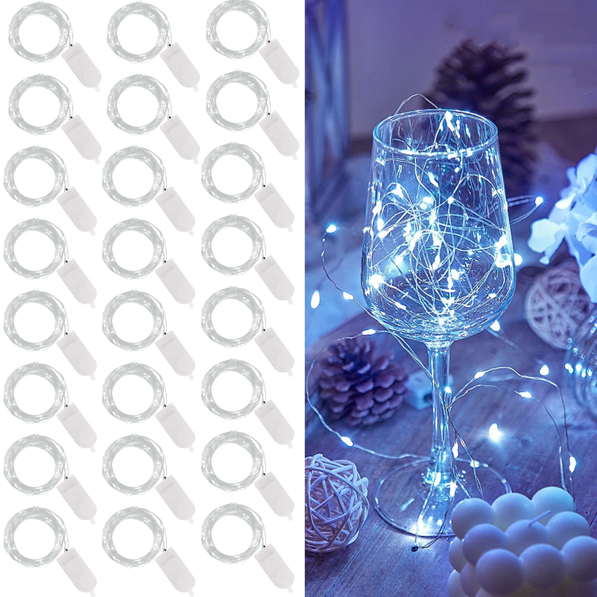 WATERGLIDE 24 Pack Fairy Lights Battery Operated (Included), 7 ft 20 LED Mini String Lights, Waterproof Silver Wire Firefly Star