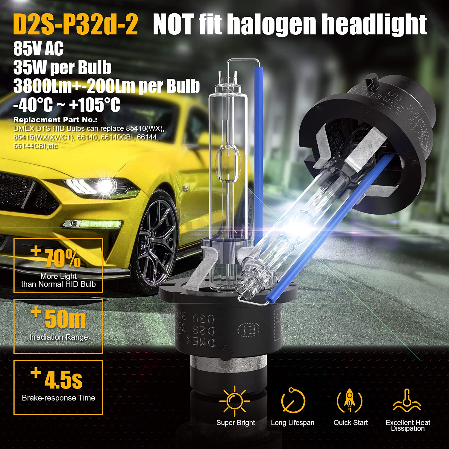 Dmex D2S - 35W - 6000K Cool White Xenon Headlight Hid Bulbs 85122 66240 66040 66240Cbi Replacement - Pack Of 2