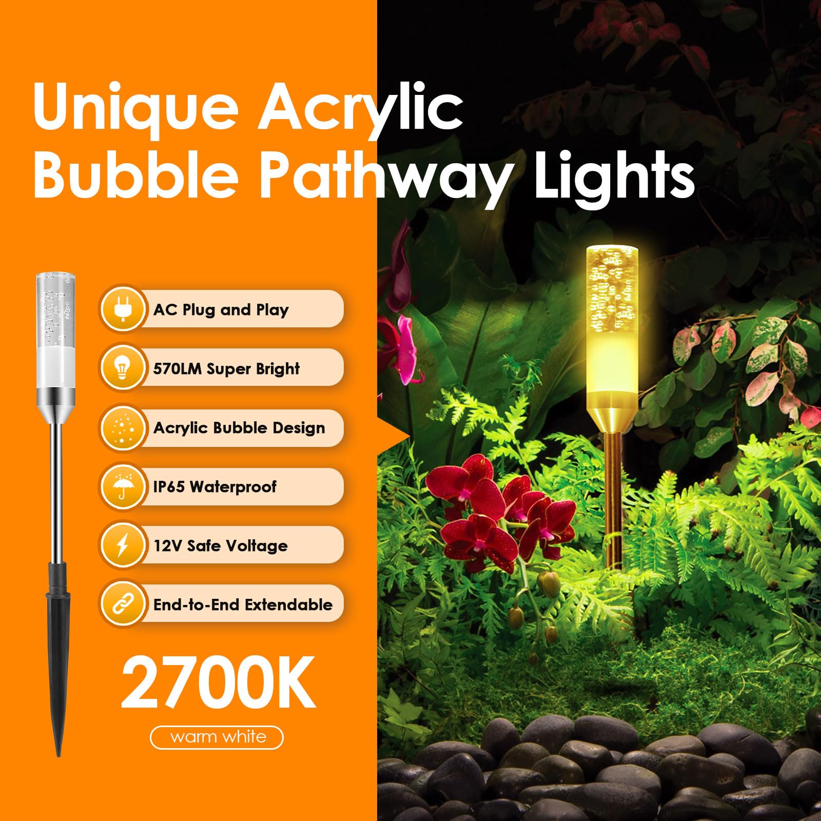 B-right LED Pathway Lights - 6 Pcs 570 Lumens, IP65 Waterproof, Warm White 2700K, Low Voltage Outdoor Landscape Lighting