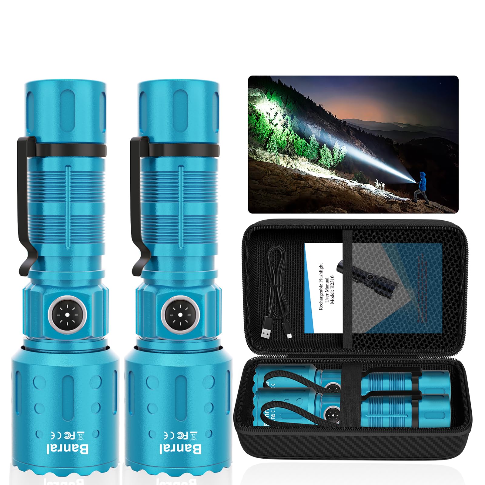 Banral High Lumens Flashlight, 20000 Lumens, 1500m Range, 6 Modes, Waterproof, Aluminum, Model K-2316-B, Turquoise (2 Pack)