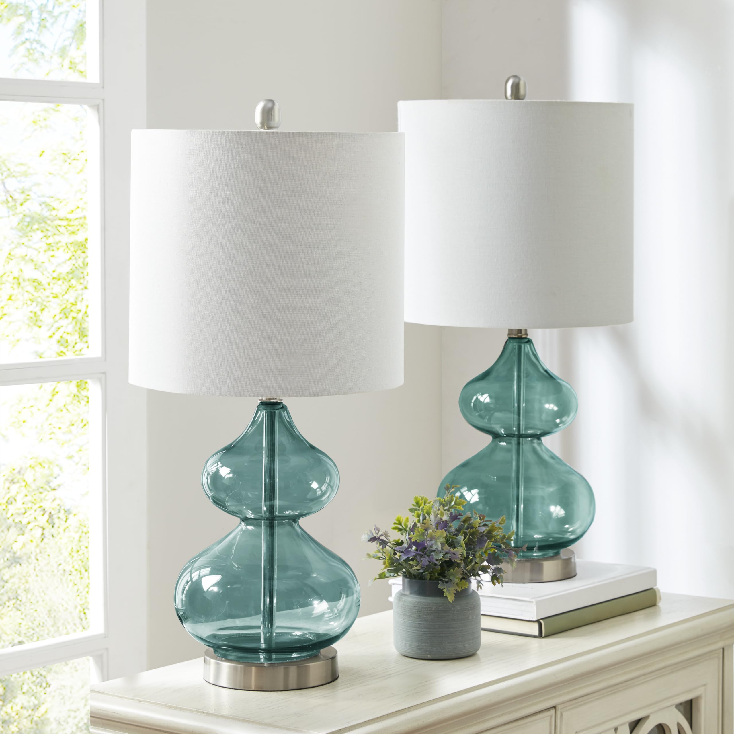 510 DESIGN Ellipse Table Lamp Set of 2, Glass, Brushed Nickel Base, 12inLx12inWx25.25inH, Blue, Model 5DS153-0018