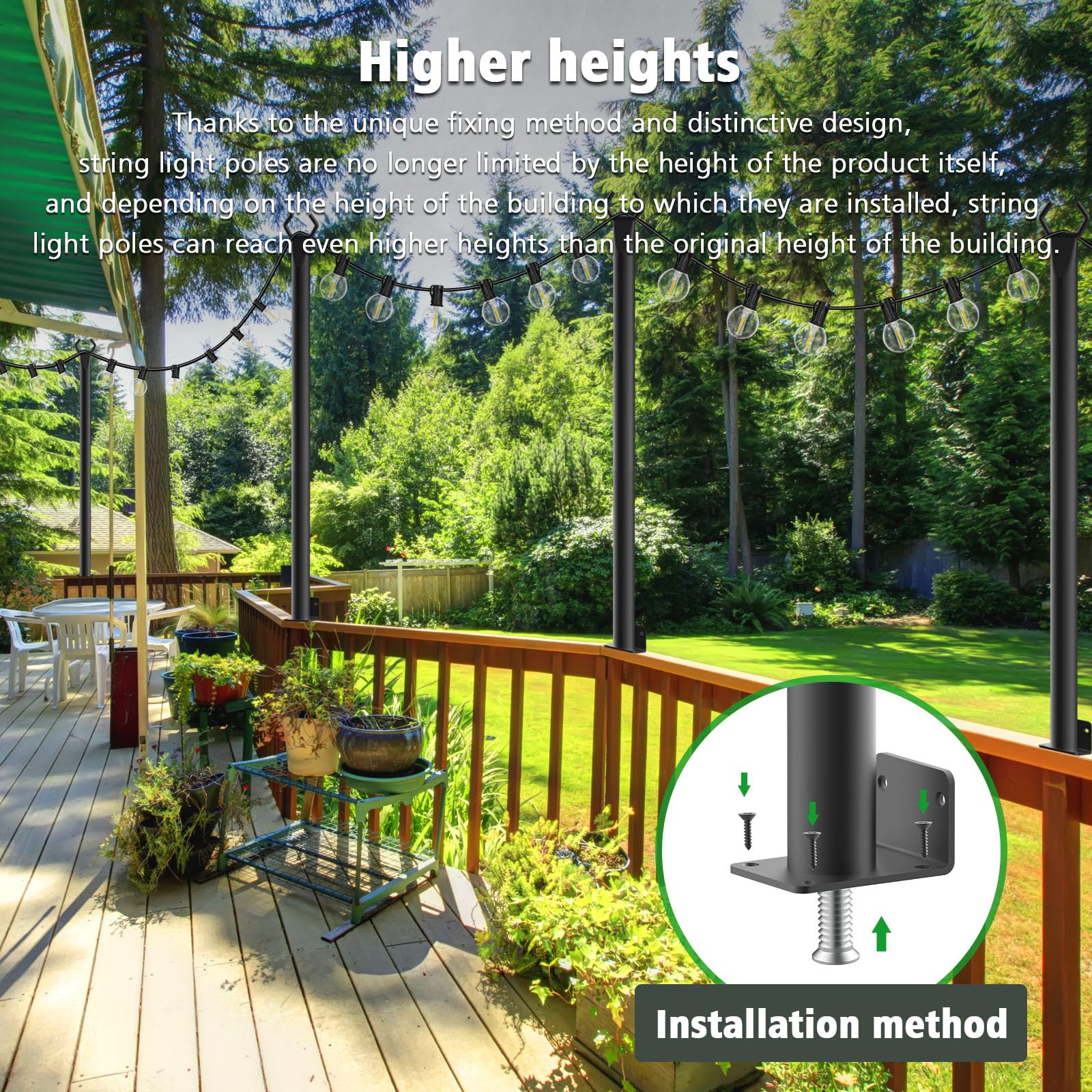 NUERPO 4 Pack String Light Poles - 5 Ft Metal Outdoor Light Stands for Patio, Deck, Backyard, Garden, Wedding, Party - Black