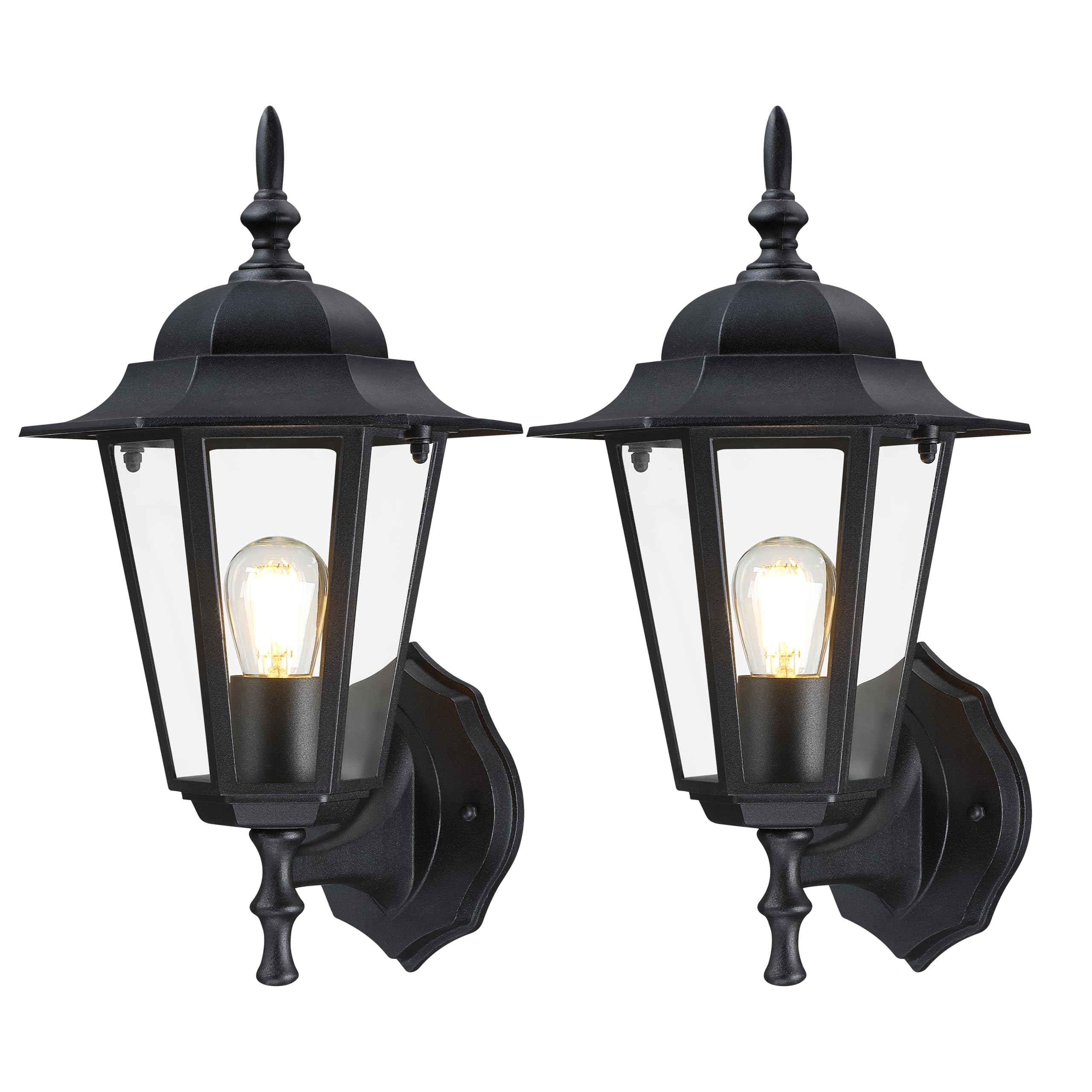 GRUENLICH Outdoor Wall Lantern Sconce, Aluminum, Black, 14 Inch, E26 Medium Base, Waterproof, 2 Pack, Model GR-WL003-BK-2PK