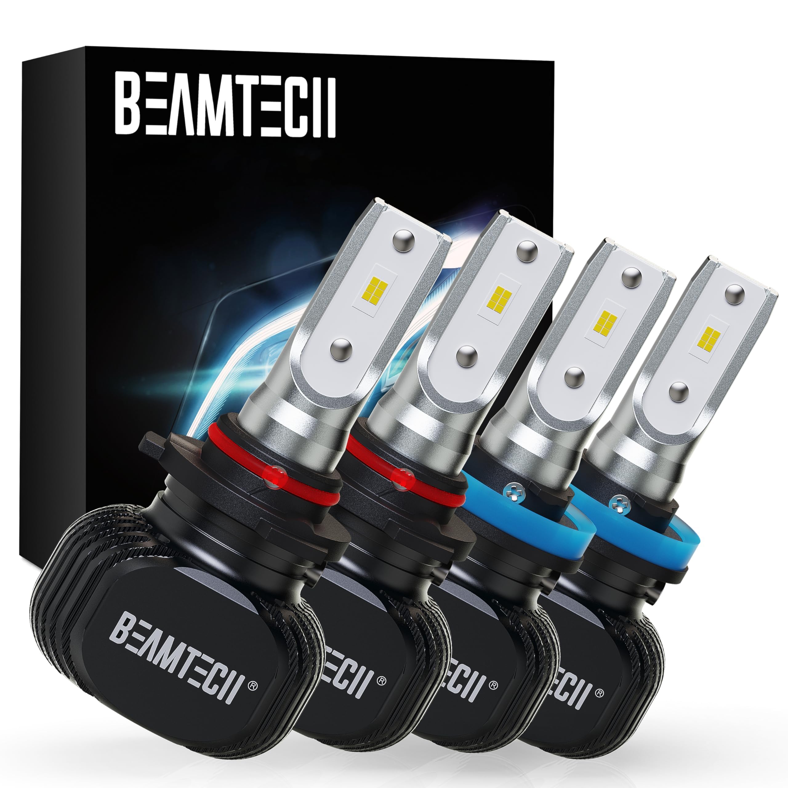 BEAMTECH 9005 H11 Bulbs Combo, S1 Series, 300% Brighter, 6500K White, 4 Bulbs