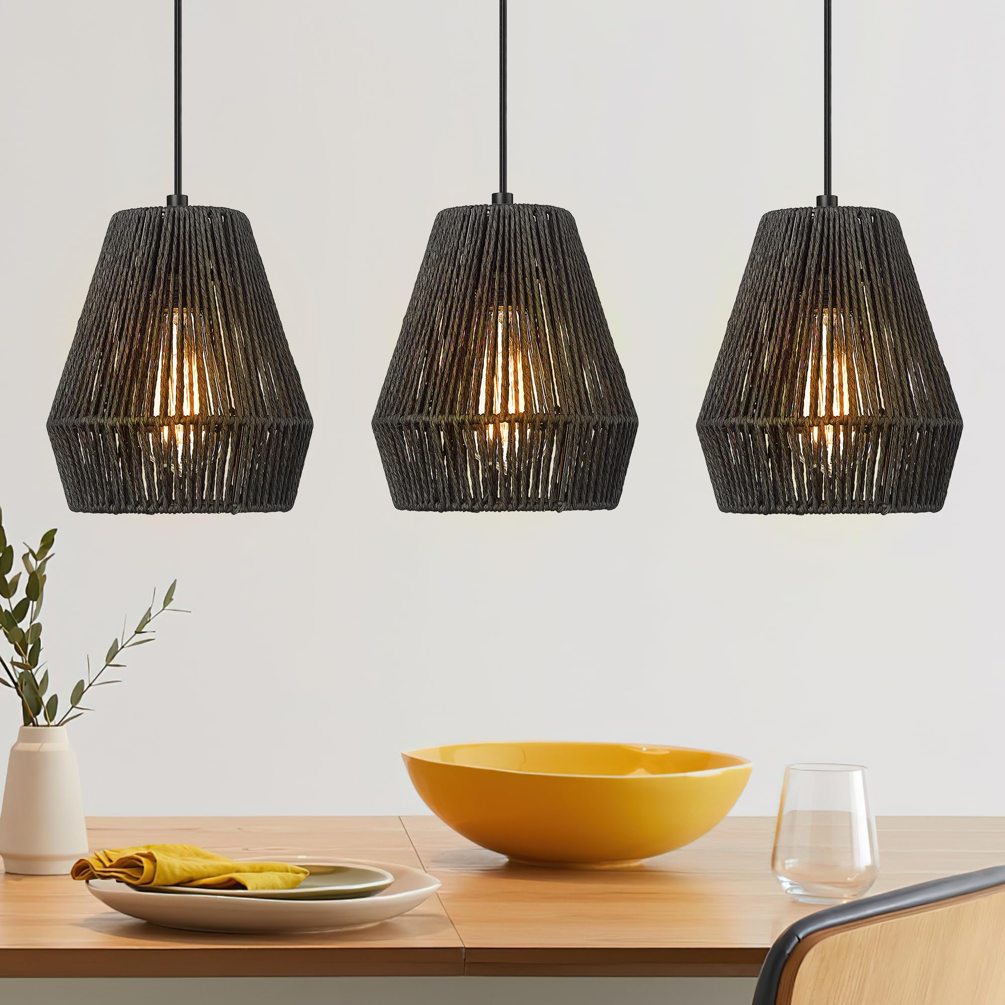 ELYONA Modern Woven Pendant Light Fixtures, 7 Farmhouse Coastal Hanging Lamp, Matte Black Handwoven Rattan Basket Shade, Boho Pe