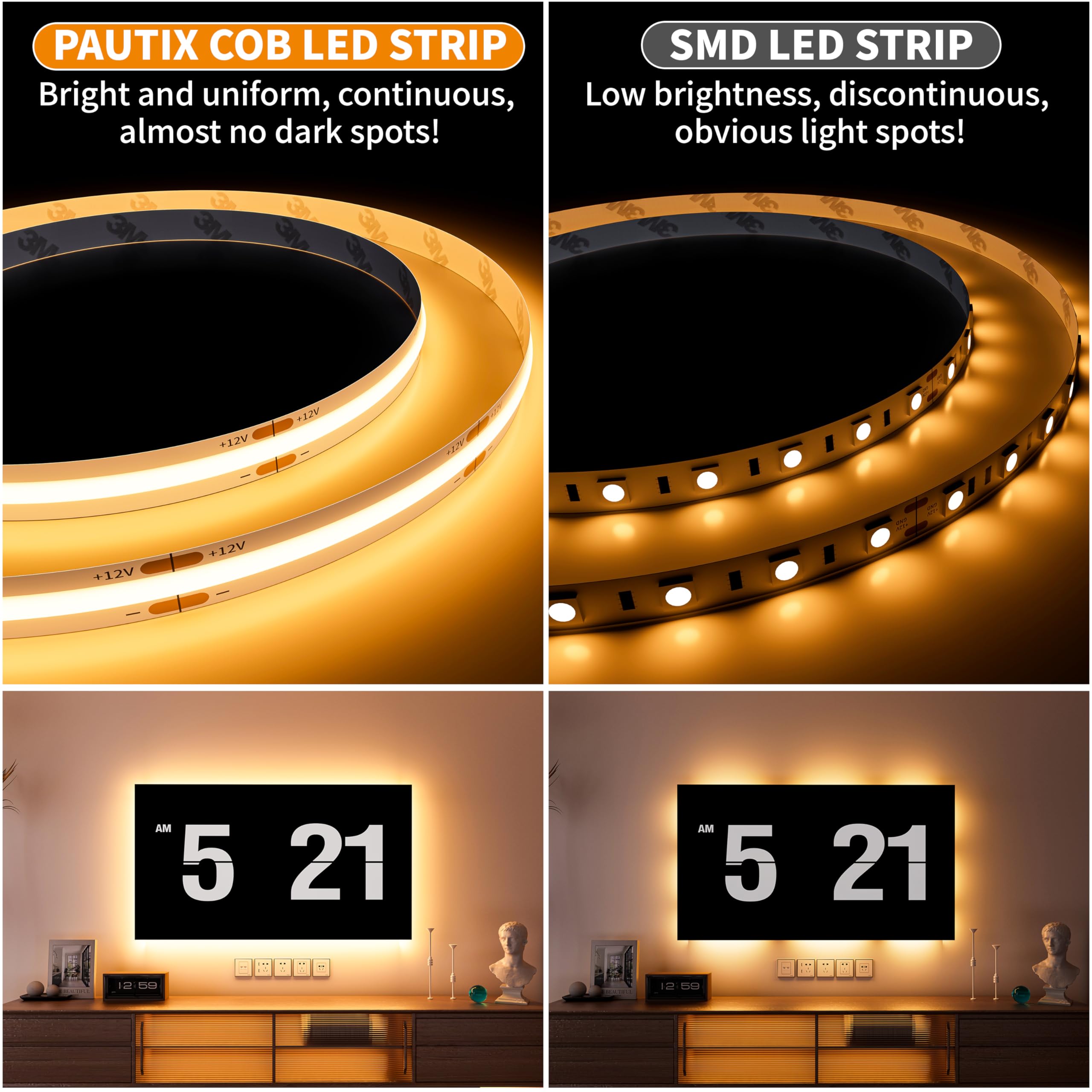 Pautix Cob Led Strip Light 2700K Dc12V,18Ft/5.5M Warm White Led Tape Lights For Kitchen Home Diy Lighting Projects With 1Pcs Con
