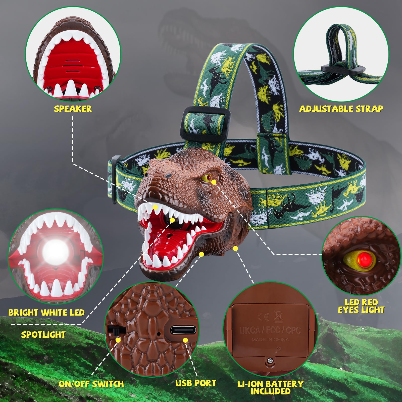Ella Mama Upgraded Rechargeable Dinosaur Headlamp For Kids, Led Flashlight For Boys Or Girls Outdoor Camping Gear, Roar & Silent