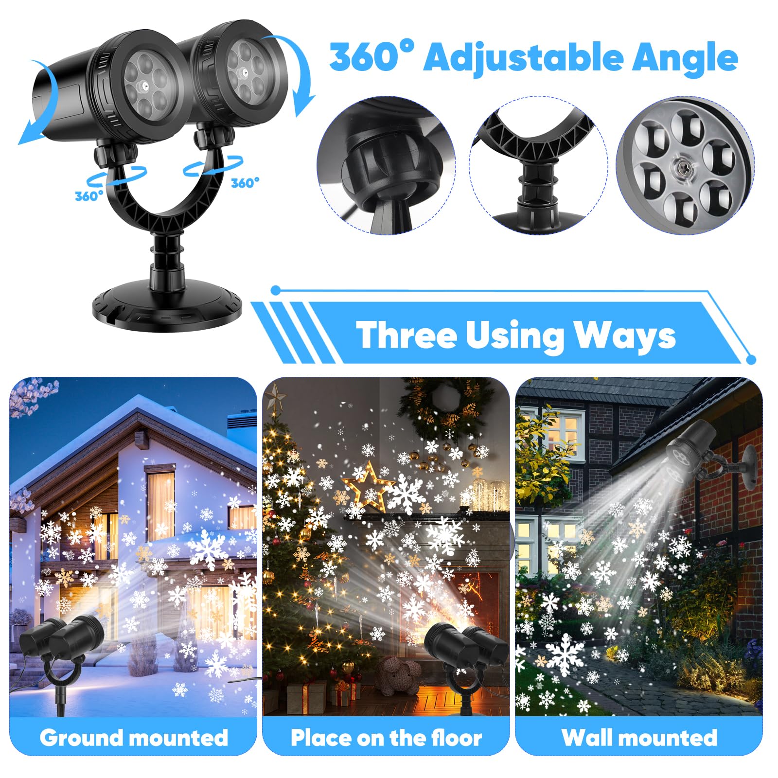 2024 Dual-Head Christmas Snowflake Projector Lights, Led Snowfall Projector Outdoor, Ip65 Waterproof & 360 Rotation, Christmas P