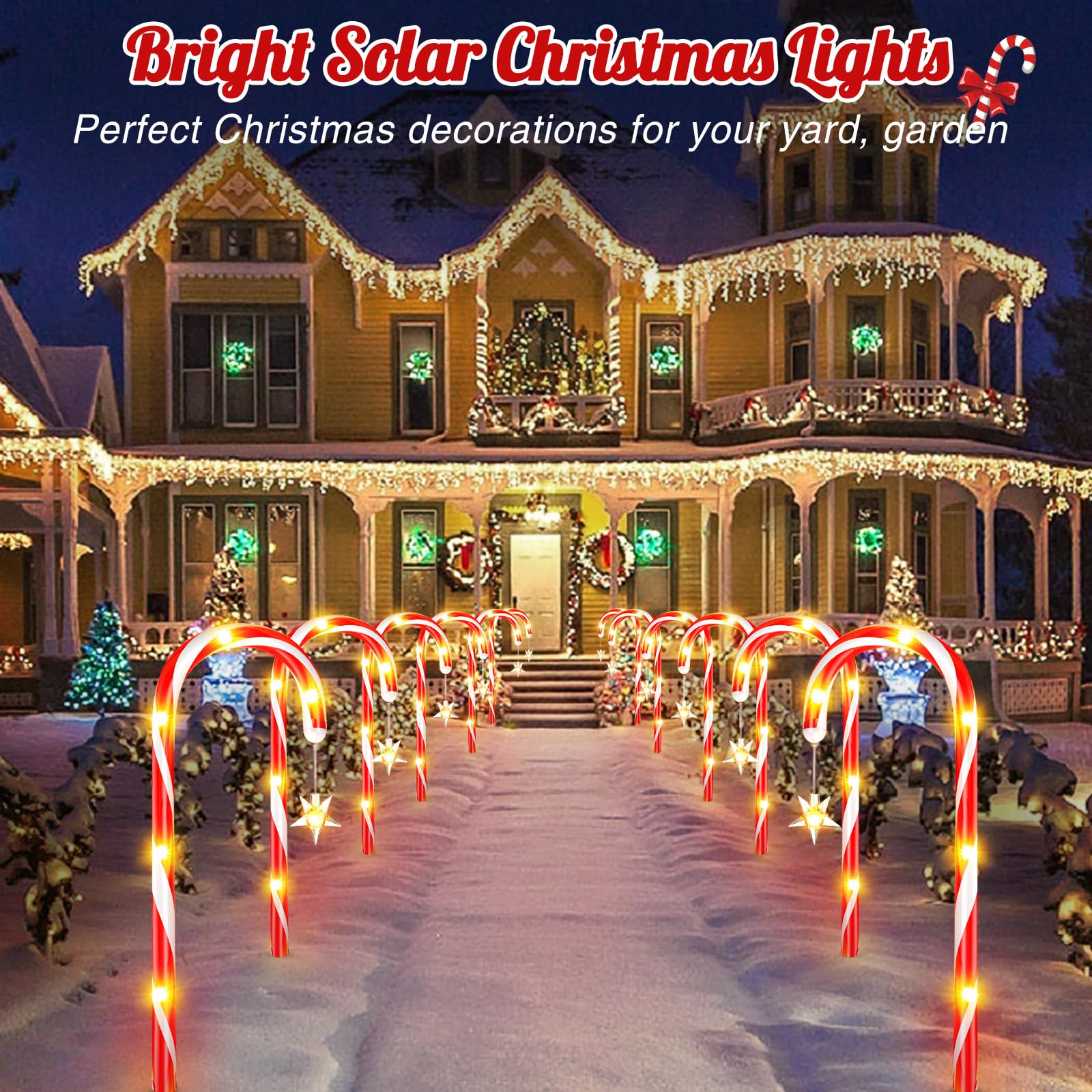 Ahaorigin Solar Candy Cane Lights, 12 Pack, 72 LED, Waterproof, Red and White, 10 Modes, Model SZ-C002