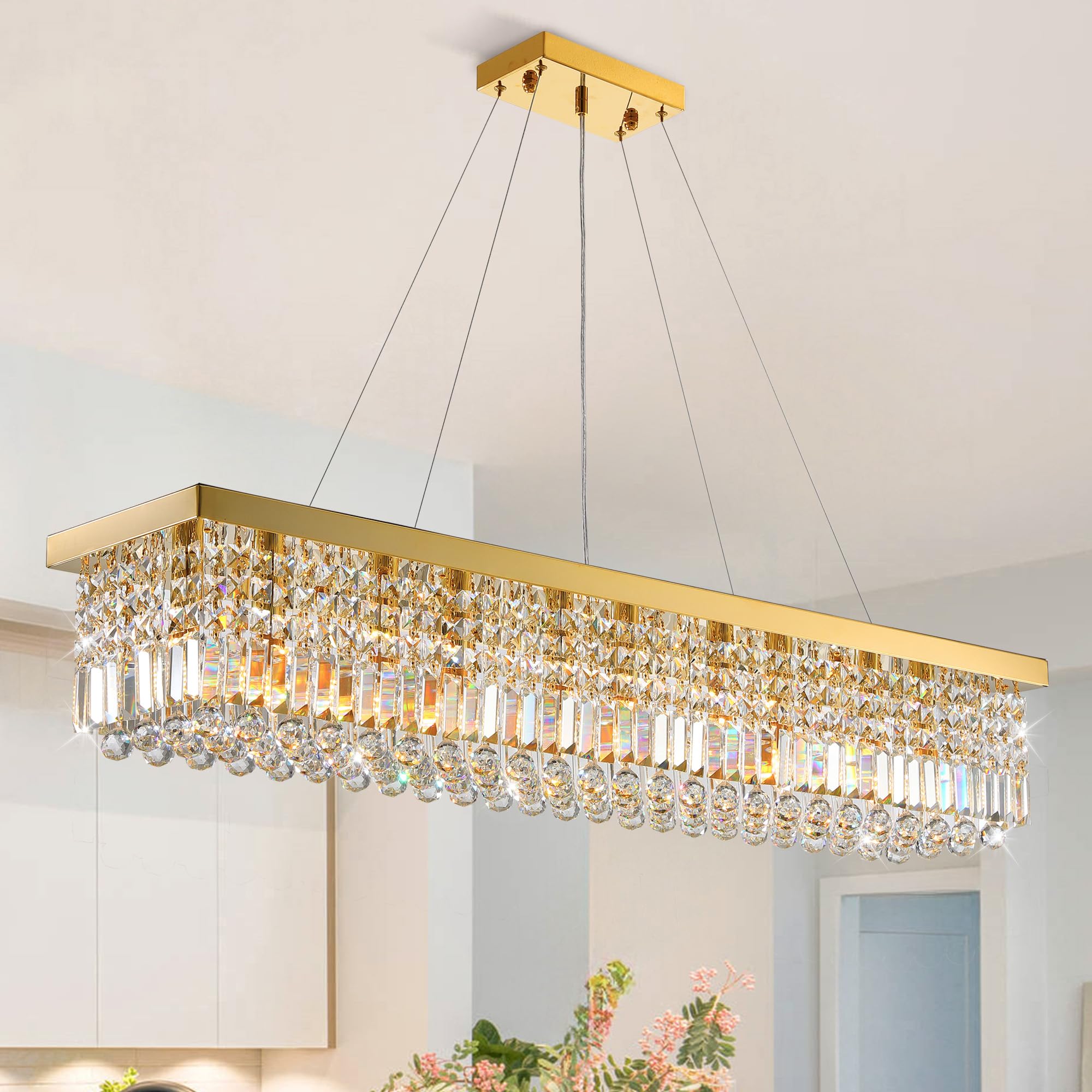 Tinkoso Modern Crystal Chandelier For Dining Room,10-Light K9 Rectangle Farmhouse Chandeliers,Gold Chandeliers,Pendant Light Kit
