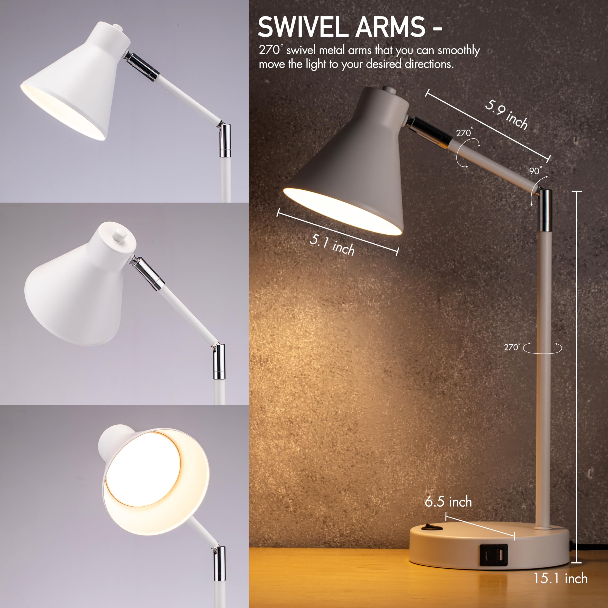 OBright LED Desk Lamp, 100% Metal, 270° Swivel Arms, Soft White Light, Dual USB Charging Ports, Model OB-DL03UC, White