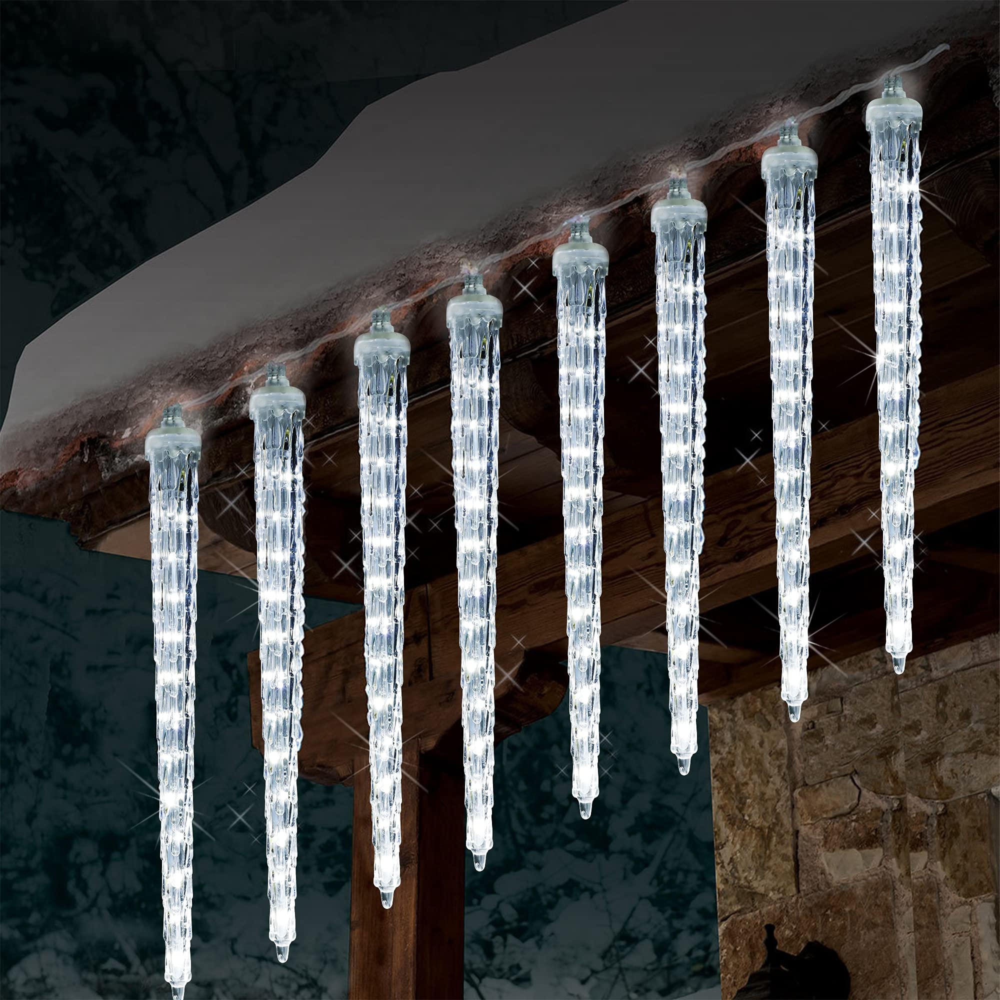 WATERGLIDE Meteor Shower Lights, 12'' Outdoor Icicle Christmas Lights 8 Icicles 192 SMD LED Crystal Ice Falling Lights, Connecta