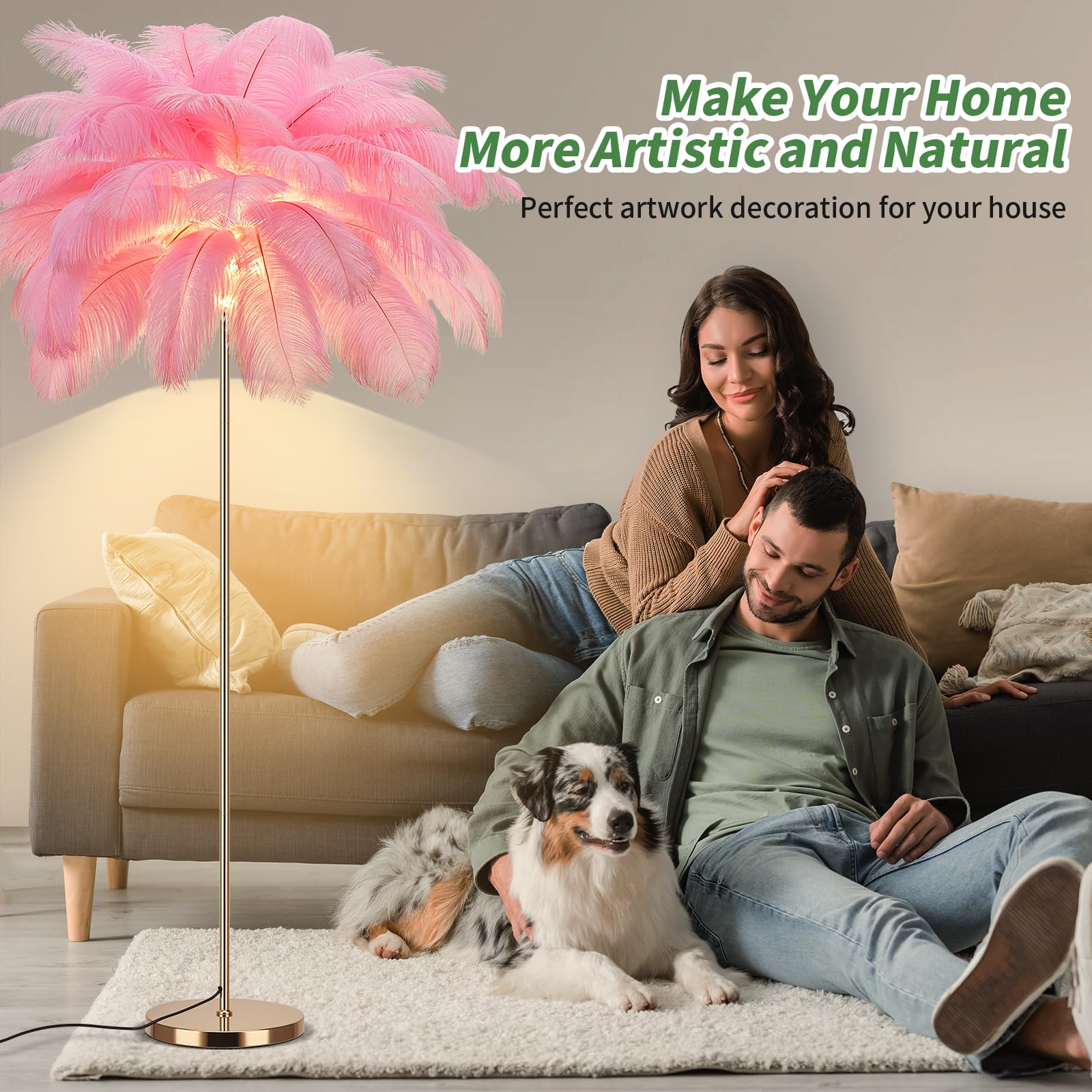 Fivemengo Feather Floor Lamp - Pink Ostrich Feathers, Rose Gold Body, Modern Arc Design, LED Bulbs Included, Model Yumao-Fen