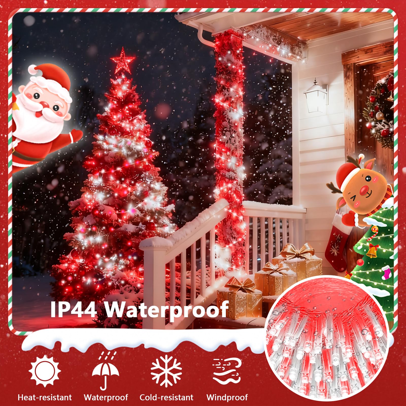 KAQ 88FT 240LED Connectable String Lights, Red & White, Clear Wire, Indoor/Outdoor, Timer, Model GP-SW290DC0209-IP44