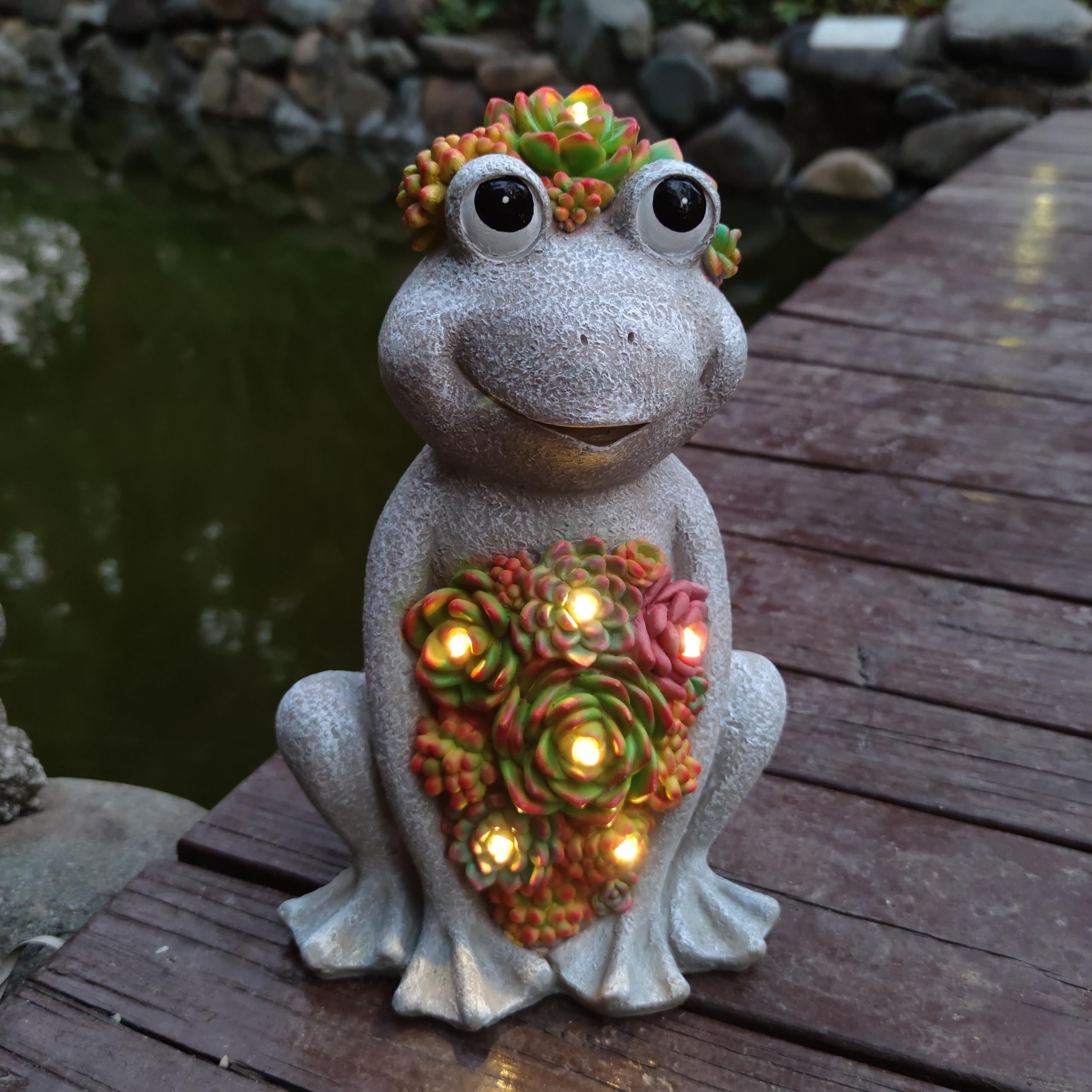 Vioyouns Large Frog Solar Garden Outdoor Statues With Succulent And 8 Led Lights,Outside Solar Frog Art Decor For Lawn,Yard, Bal
