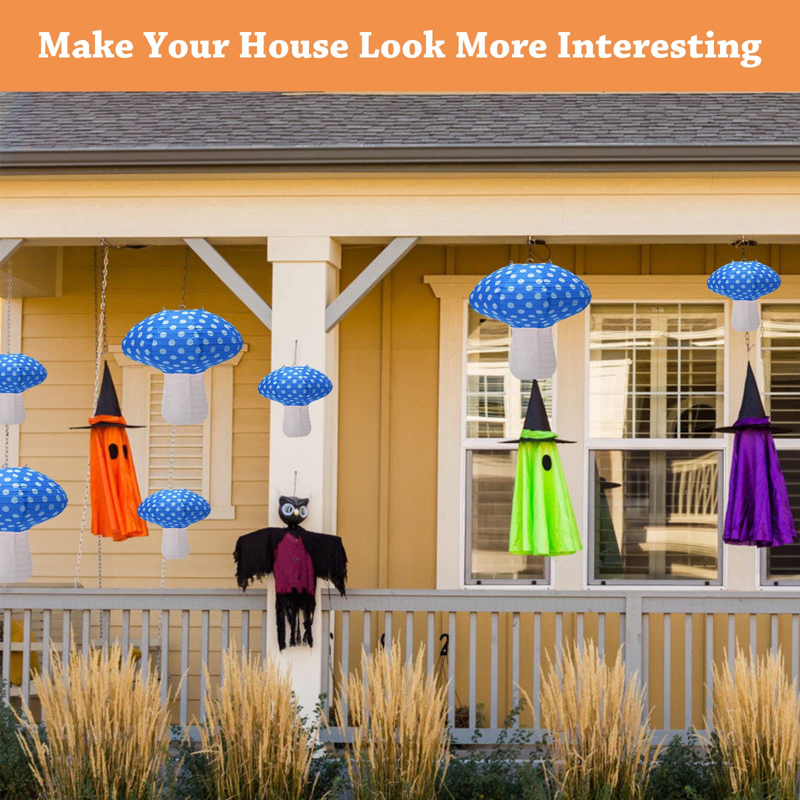 Windspeed Mushroom Shaped Paper Lanterns, 8 inch & 12 inch, Blue, Set of 4 for Nursery Garden Christmas Party Decoration