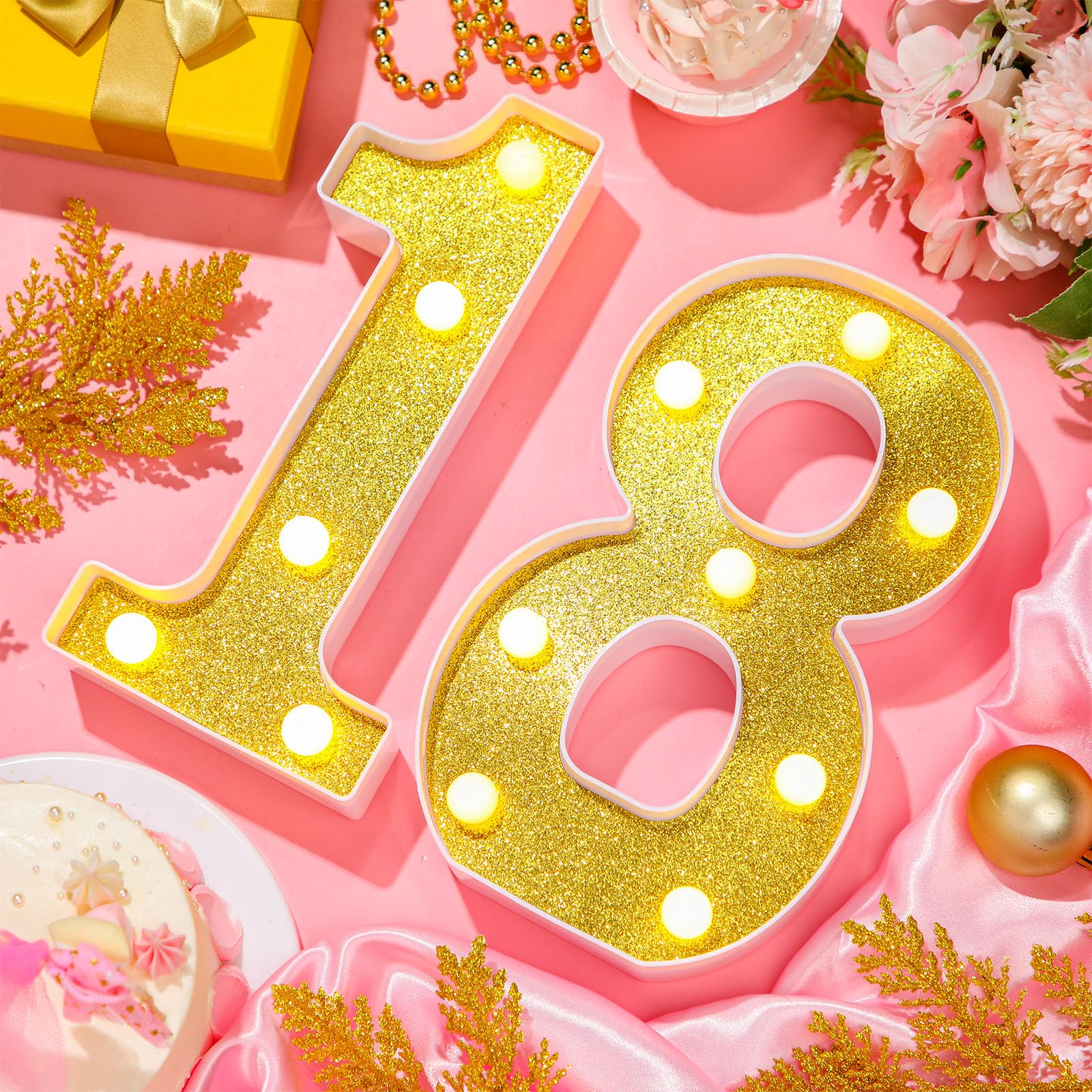 Treela LED Birthday Number Sign, 8.7'' Glitter Marquee for 18th Anniversary Party, Gold PP Material Centerpiece