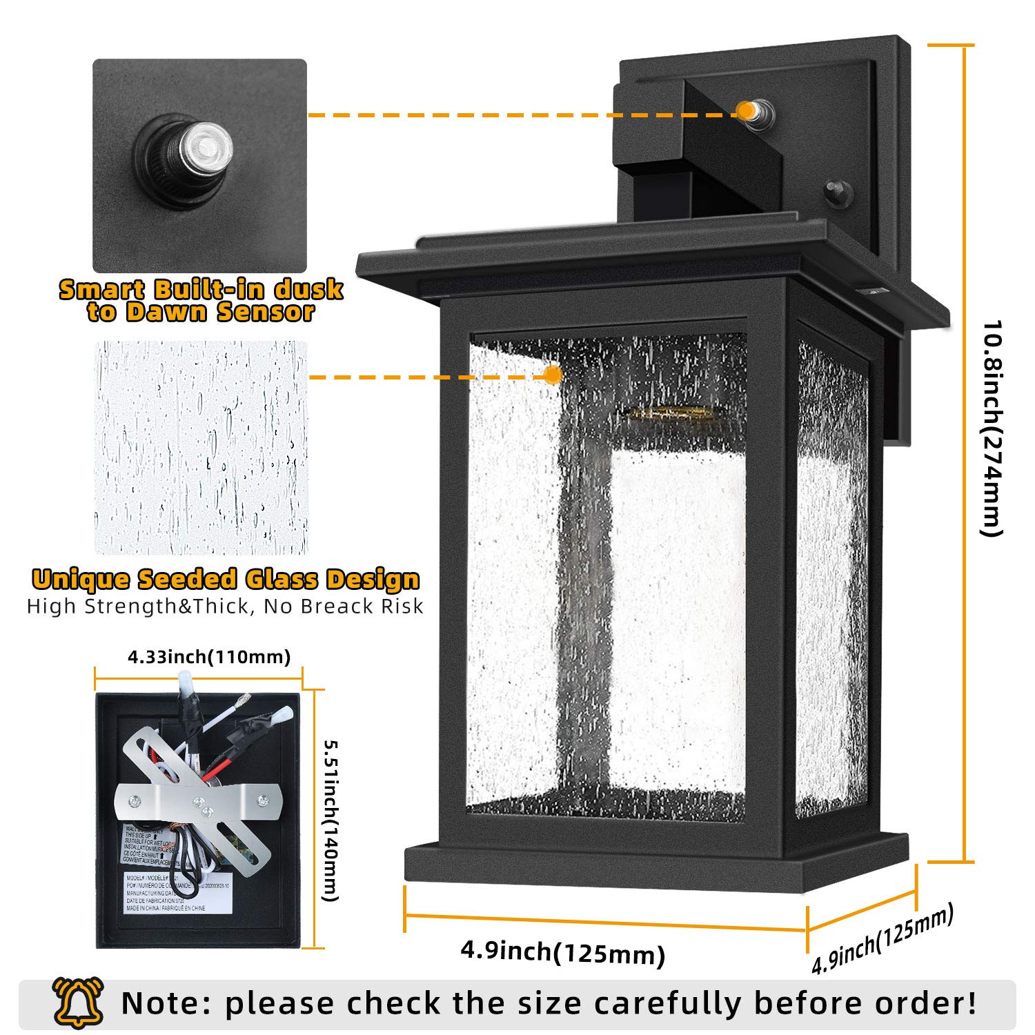 Tobusa 2-Pack Outdoor Wall Lanterns, Dusk To Dawn Sensor, Waterproof Black Sconce, Seeded Glass