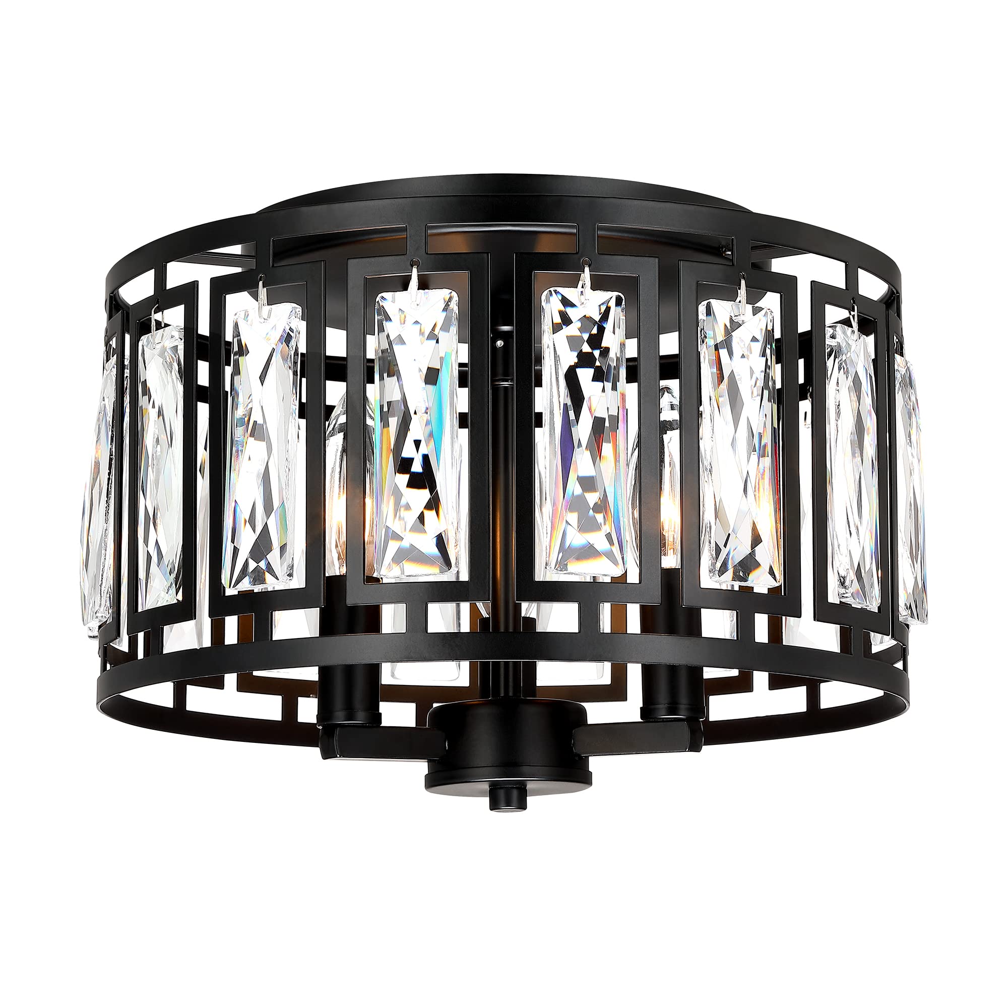 Crystal Ceiling Light Flush Mount For Bedroom, Kitchen Island Crystal Drum Shade Lighting Fixture, 3-Light Black Ceiling Lamp Fo