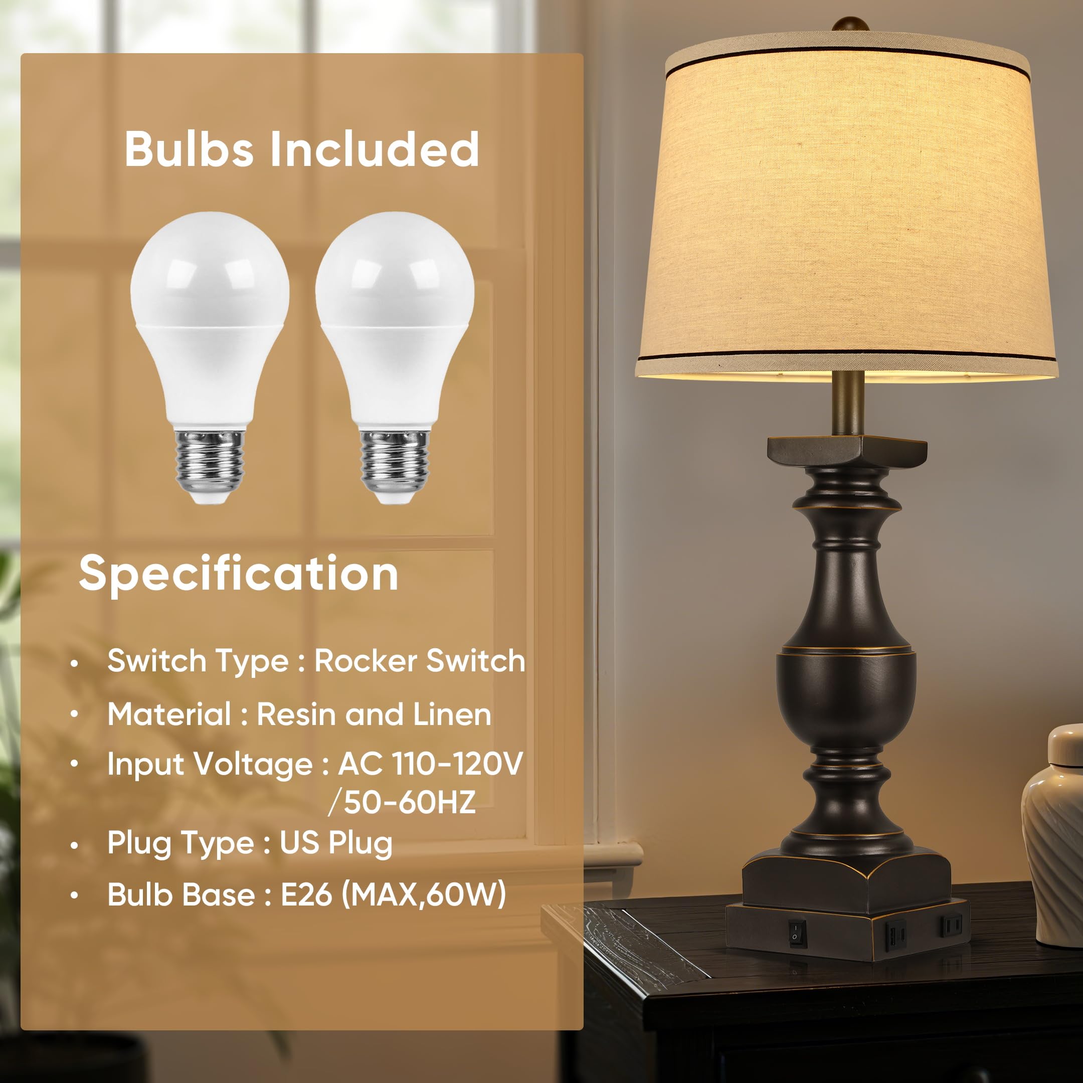 WIHTU Bedside Lamps Set of 2, 28in  Black Gold Table Lamps with USB Ports, Linen Shades, Model WTLP498AB2