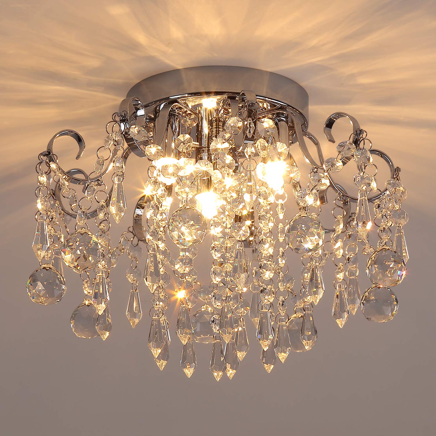 Q&S Small Crystal Chandelier Flush Mount Ceiling Light 3 Lights Modern Chrome Iron Raindrop Crystal Ceiling Fixture For Bedroom 