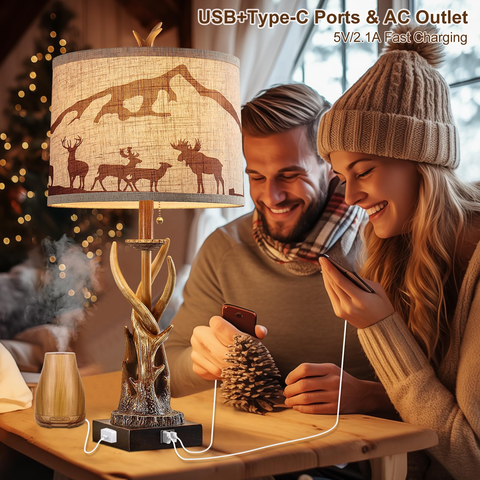 Bowobo Antler Table Lamps Set Of 2 For Bedroom, Farmhouse Rustic Antler Deer Bedside Lamps With Usb A+C Ports For Living Room En