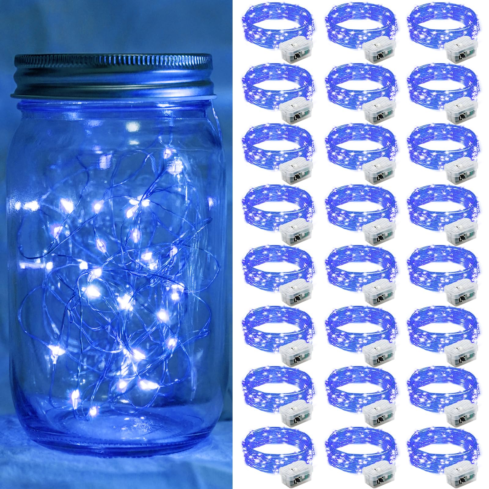 chzk 24 Pack Blue Fairy Lights, 7Ft 20 LED Twinkle String Lights, Battery Operated, Waterproof, Model A01-Mini