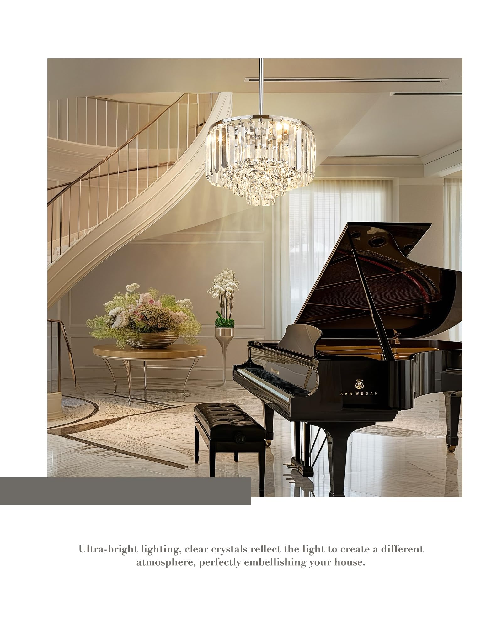 Cargifak Crystal Chandelier - 4-Tier Modern Pendant Light, 11" Polished Chrome, Ideal for Dining Room, Kitchen Island, Bedroom, Model CKCC4215-3W