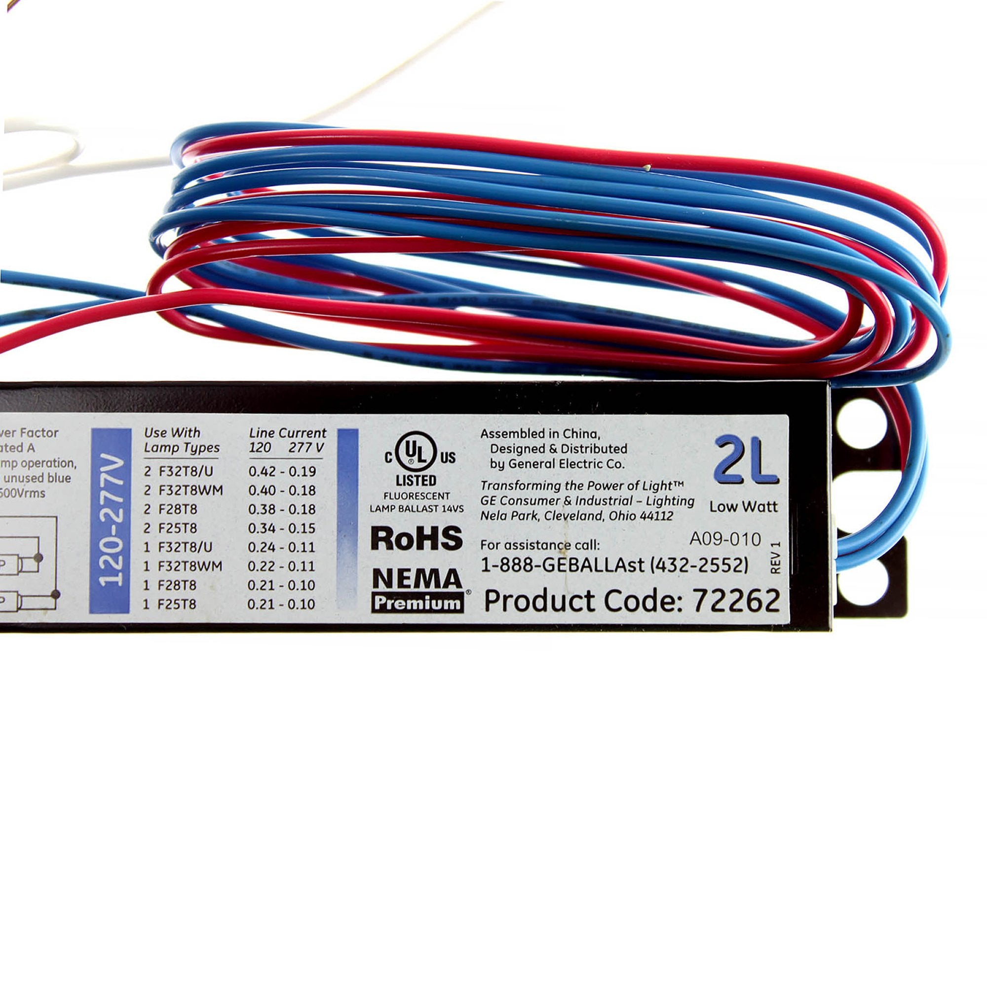 GE Lighting UltraMax Electronic Fluorescent T8 Ballast, 120/277-Volt, 2 or 1 F32T8 Lamps, Model 72262, Black, 1 Count