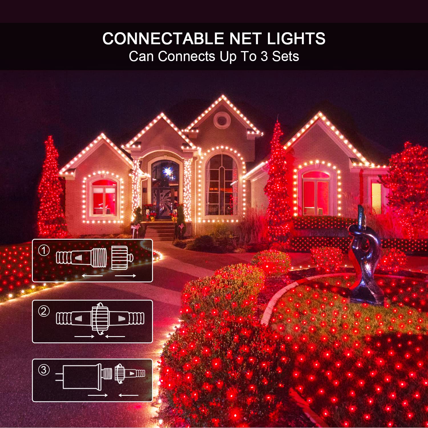 JMEXSUSS 200 LED Red Christmas Net Lights, 9.8ft x 6.6ft, Waterproof, Connectable with Remote, Model EXS-N-0200