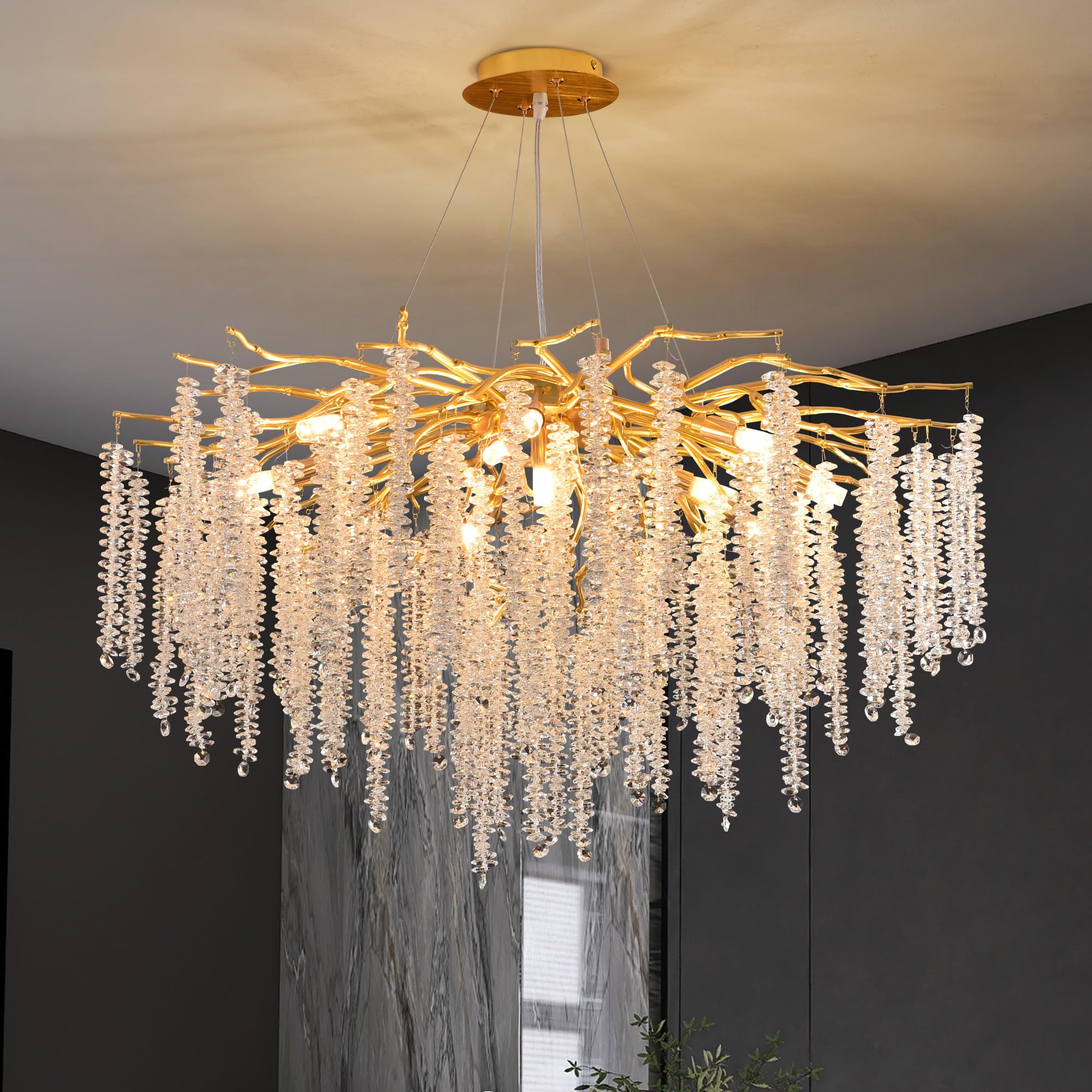 Upfelw Crystal Tree Branch Chandelier Gold, D31.5'' Modern Round Raindrop Branch Chandelier Luxury Hanging Lighting Fixture for 