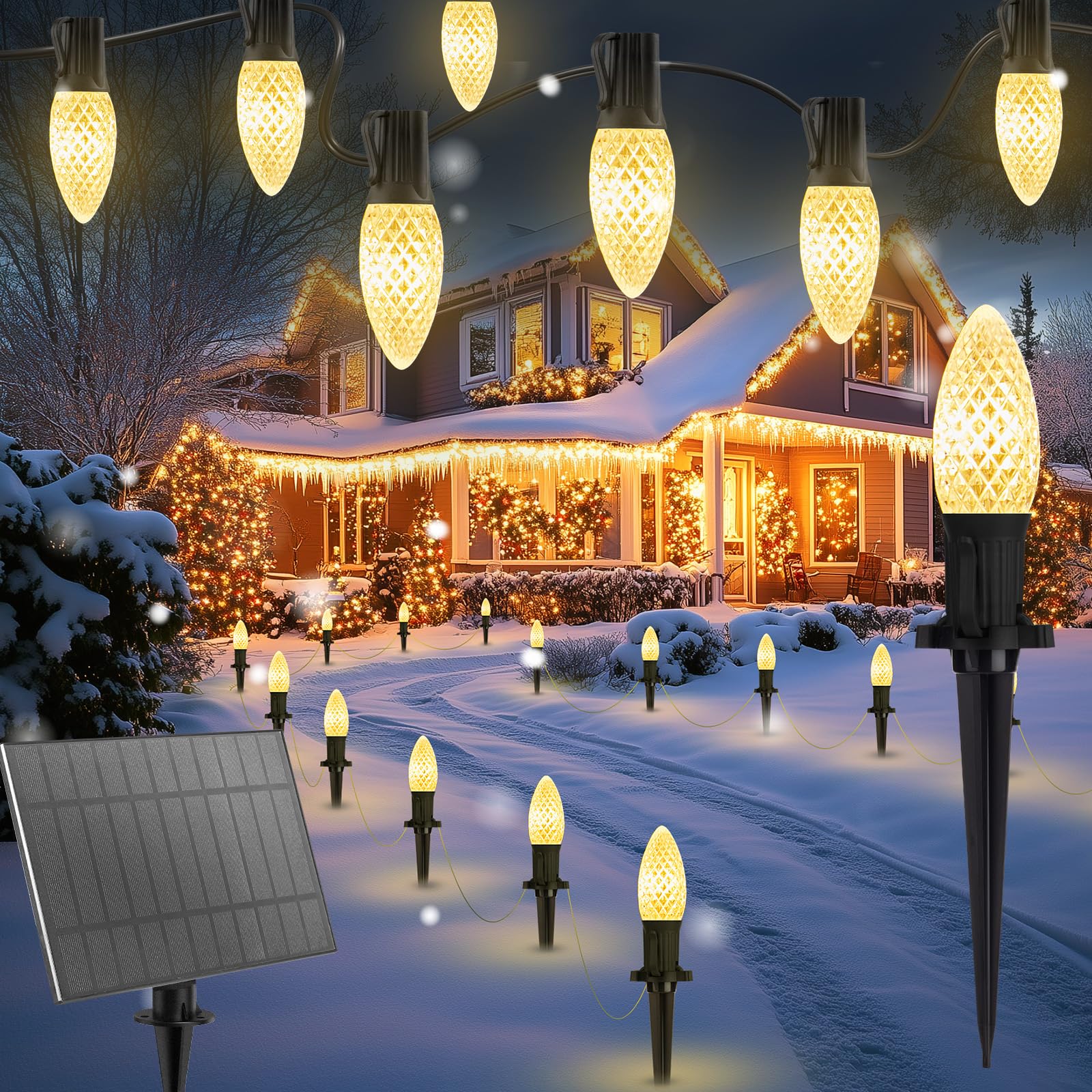 Brightown Solar C9 LED Christmas Lights Outdoor House, 50Ft 40 Faceted Bulbs Christmas Pathway Lights, Waterproof Strawberry Lig