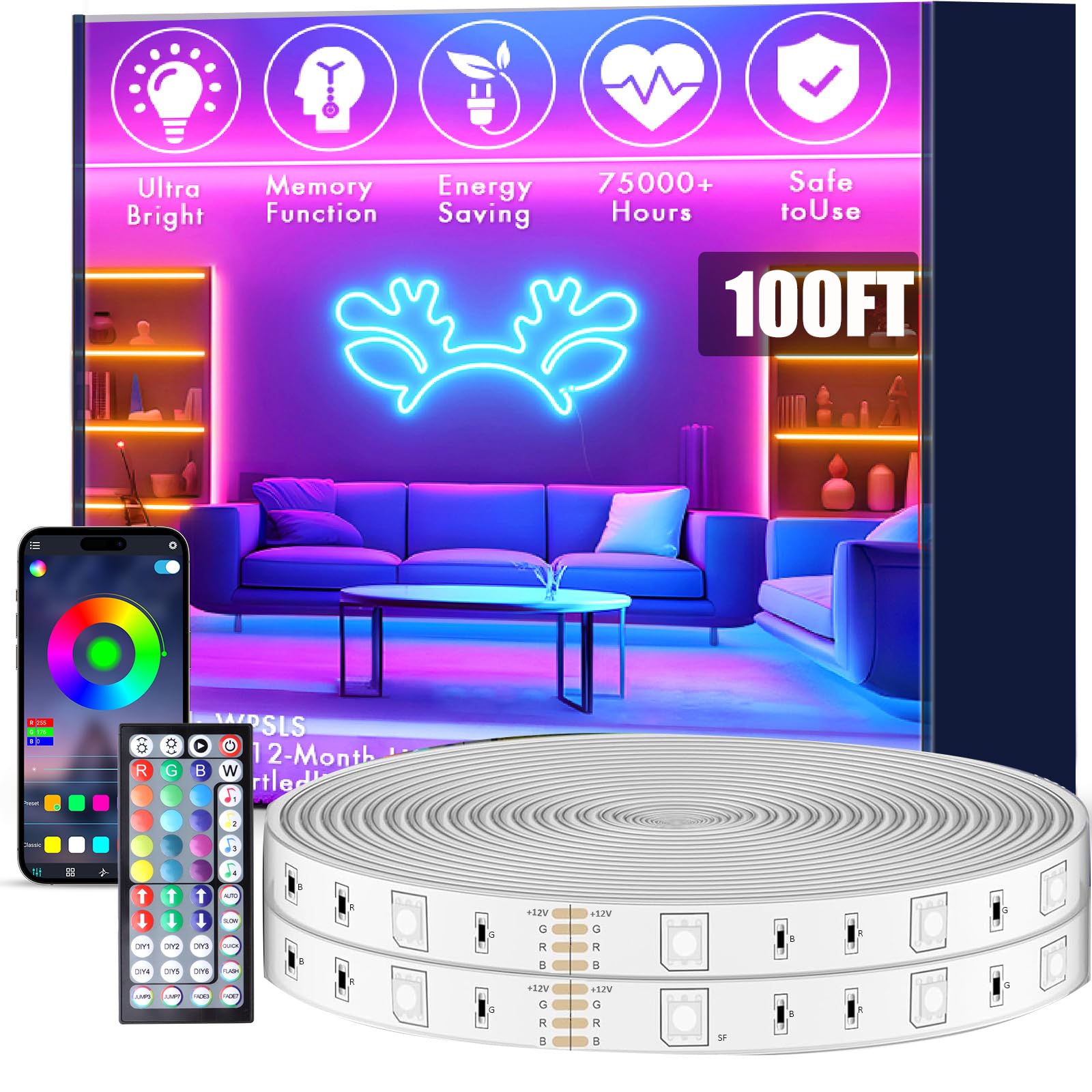 roperry 100FT Outdoor LED Band Lights  IP68 RGB LED Lights with Remote and APP Control  Outdoor Band Lights for Pool  Balcony  Roof  Garden  Stairs (1 Roll)