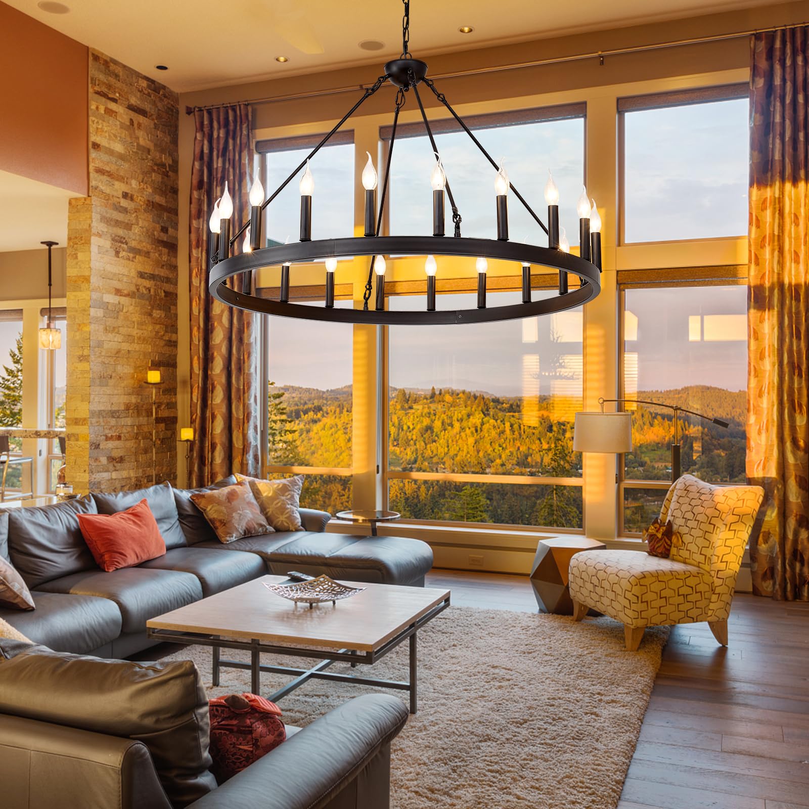 Zbmyrbzj 40'' Black Wagon Wheel Chandelier, 20-Light Industrial Ceiling Fixture For High Ceilings