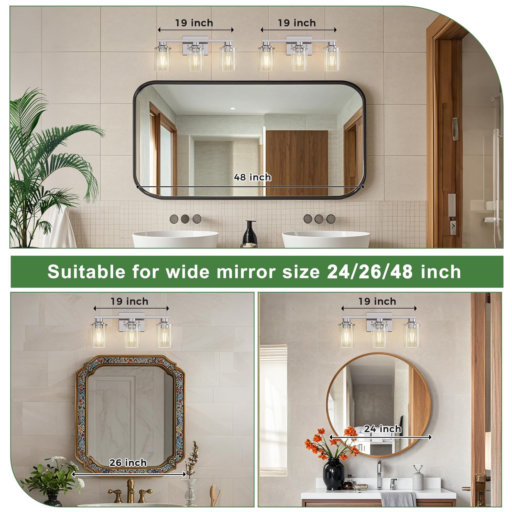 Doresshop 20 Inch Bathroom Light Fixtures  3-Light Chrome Bathroom Lighting Fixtures Over Mirror With Clear Glass Shade  Vanity Lights For Living Room Bedroom