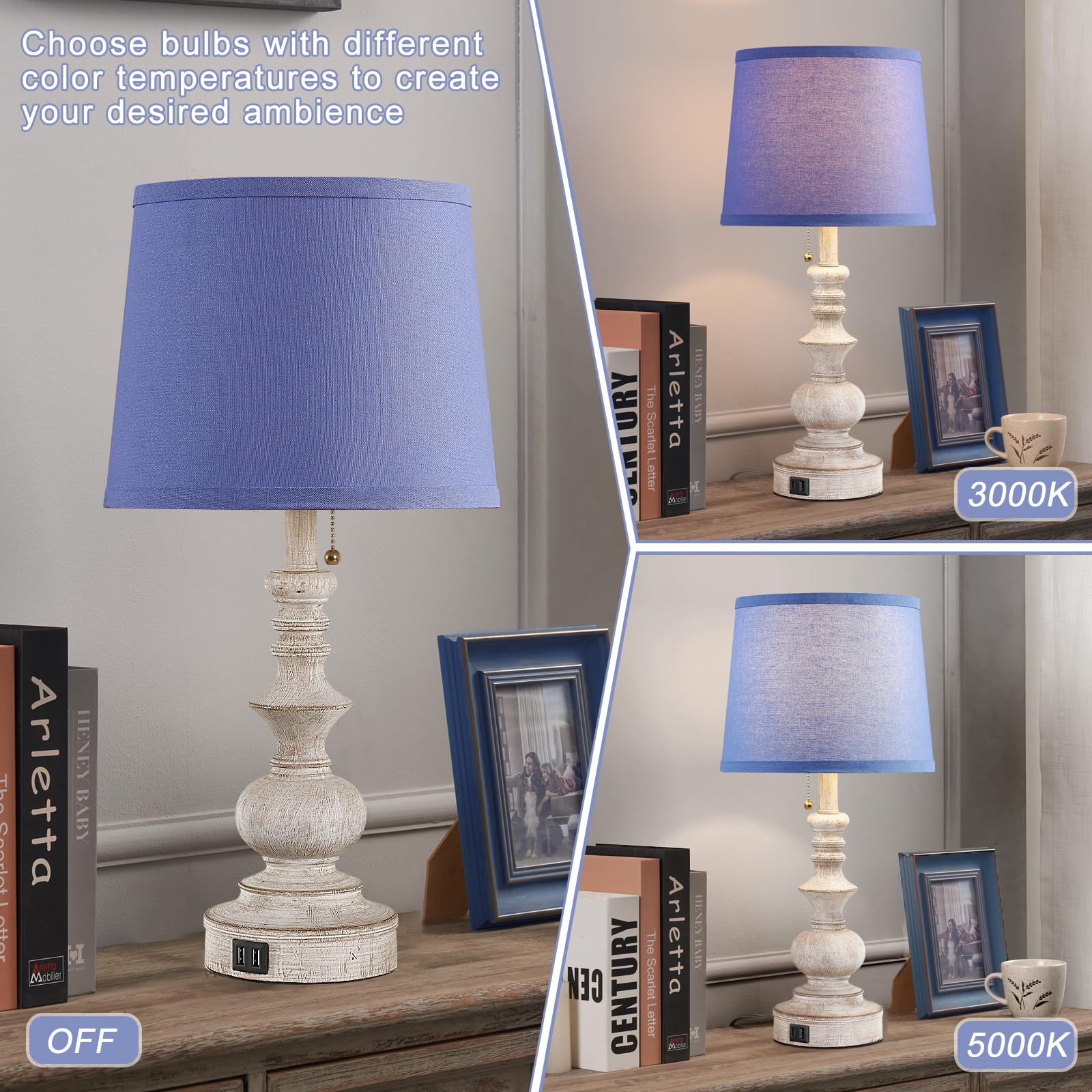22'' Farmhouse Bedroom Table Lamps Set Of 2 Bedside Nightstand Lamps With Usb A/C Charging Ports Small Side Table Lamps For Livi