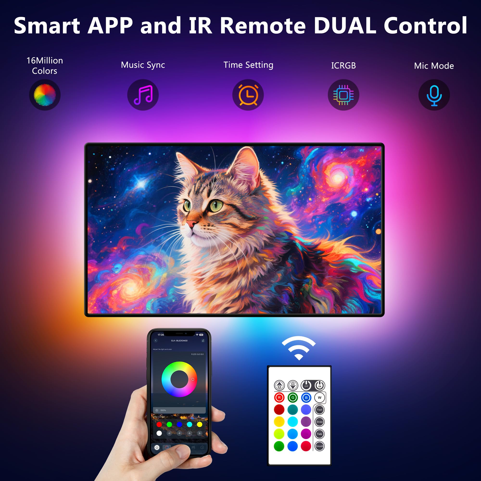 PANGTON VILLA LED Strip Lights - 14.3ft USB TV Backlight Kit, 16 Color RGB 5050 LEDs, Ideal for 65-75in HDTV