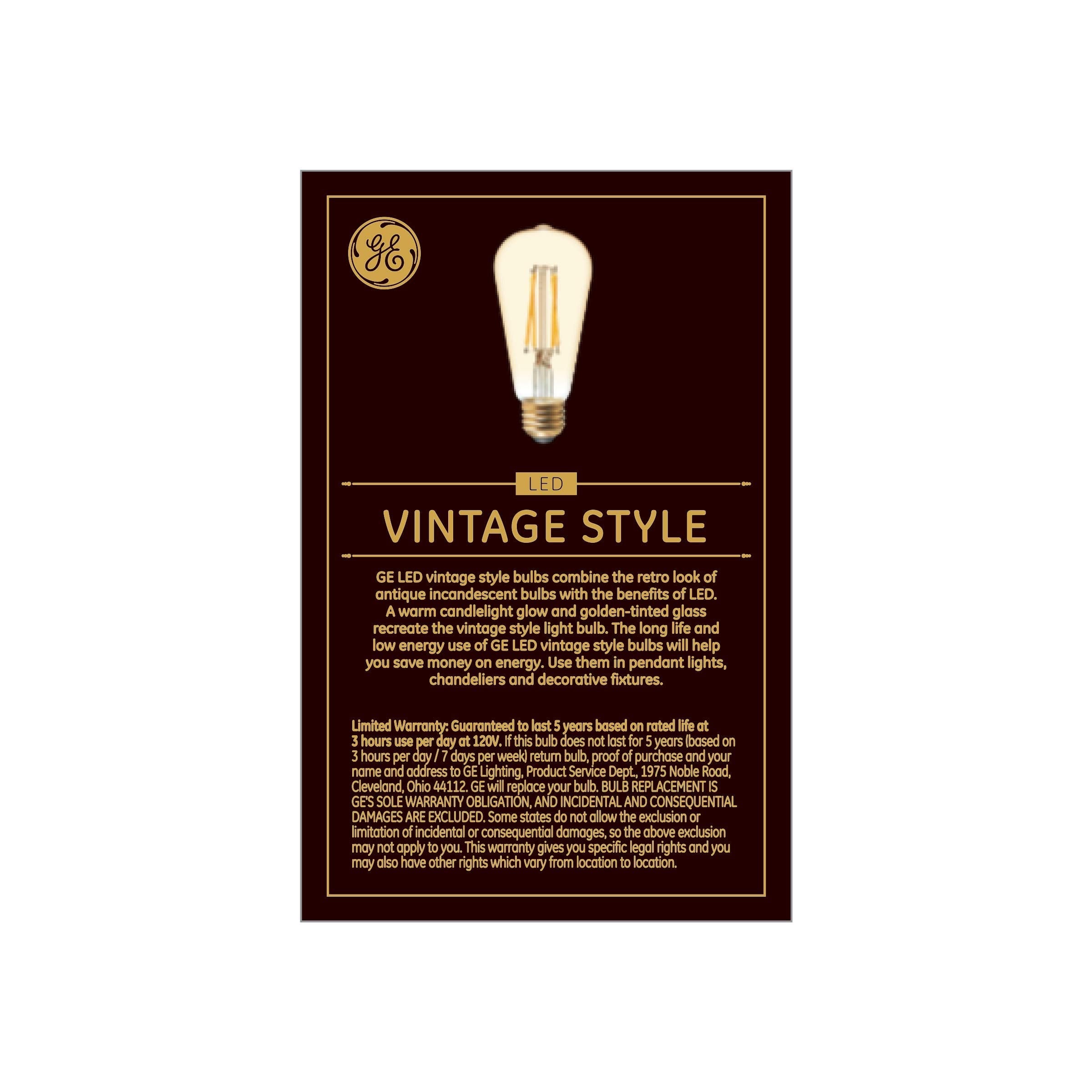 GE Vintage Edison LED Light Bulbs, 6W (60W Equivalent), Warm Candle Light, Amber Glass, Dimmable, 2 Count