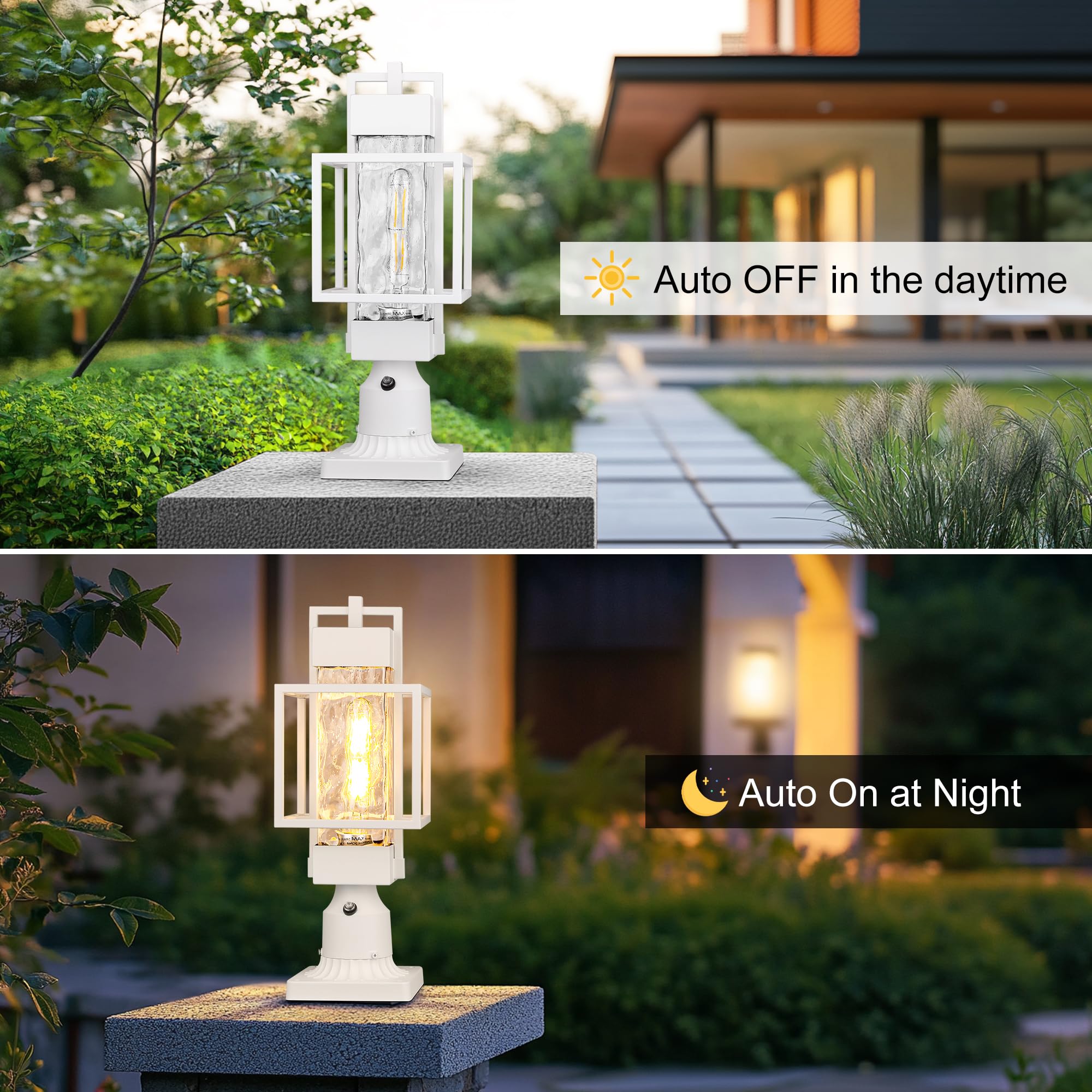PARTPHONER 18in Dusk to Dawn Outdoor Post Light Fixture, Waterproof Aluminum, White, Model PAPO034AW1