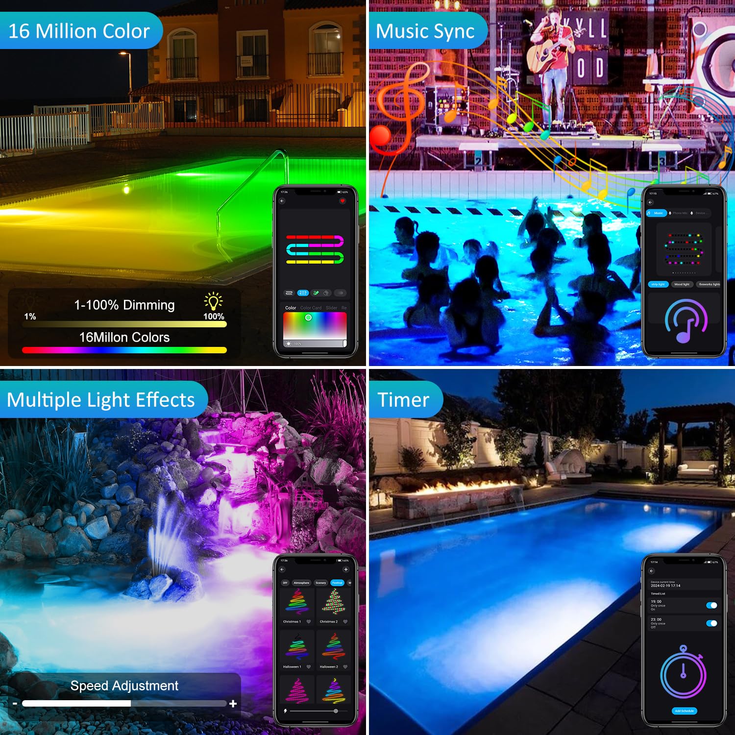 T-SUN Submersible Pond Light RGB LED IP68 Waterproof 4 Heads Bluetooth Control Model TS-F2230