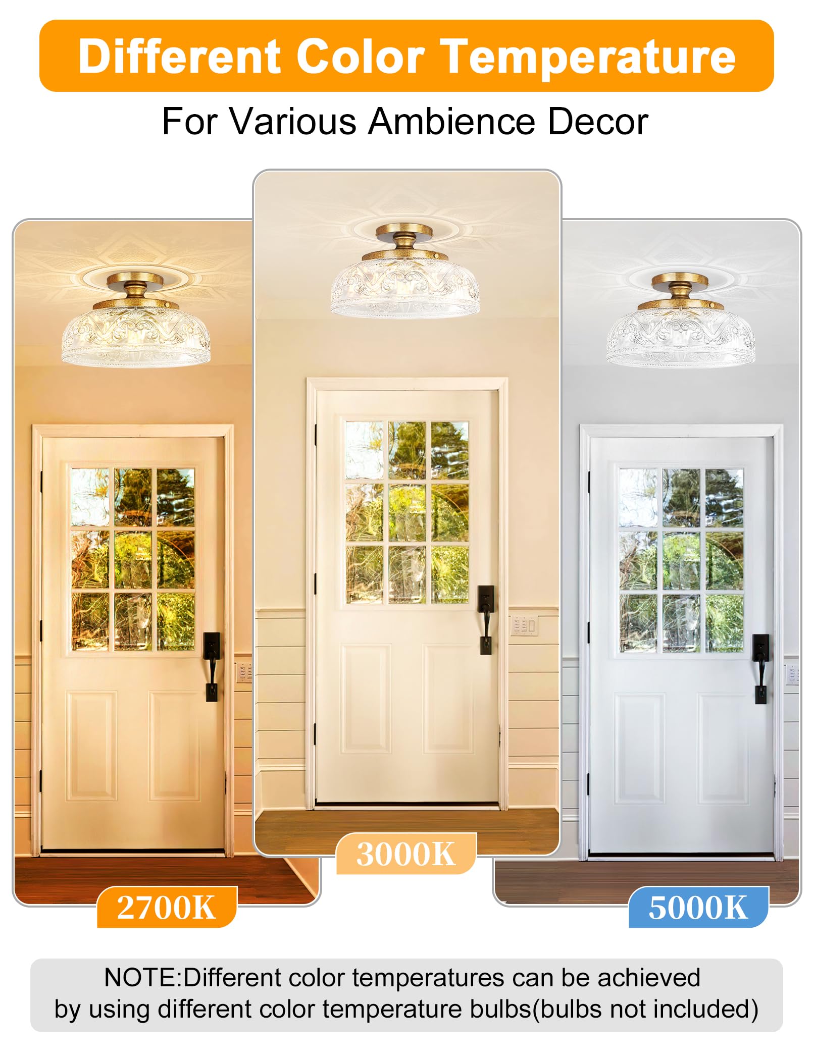 Slypadan 12 Inch Copper Semi Flush Mount Ceiling Light Fixture, 3-Light Globe for Kitchen, Bathroom, Dining Room - Model 3011C-3OG-1PUS