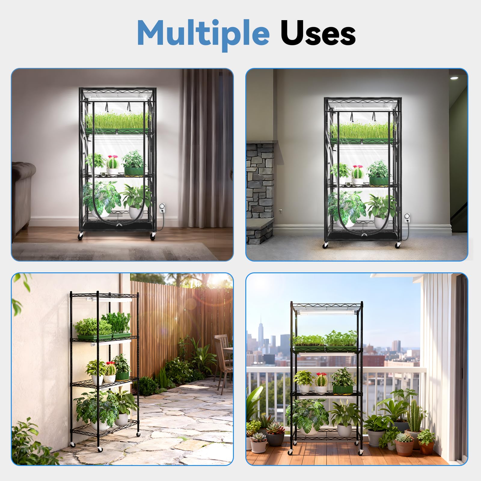 JESLED Indoor Greenhouse with Grow Light, 5000K LED, 23.6x13.8x59in, Black, Model JD0519BB, Built-in Timer & Therm