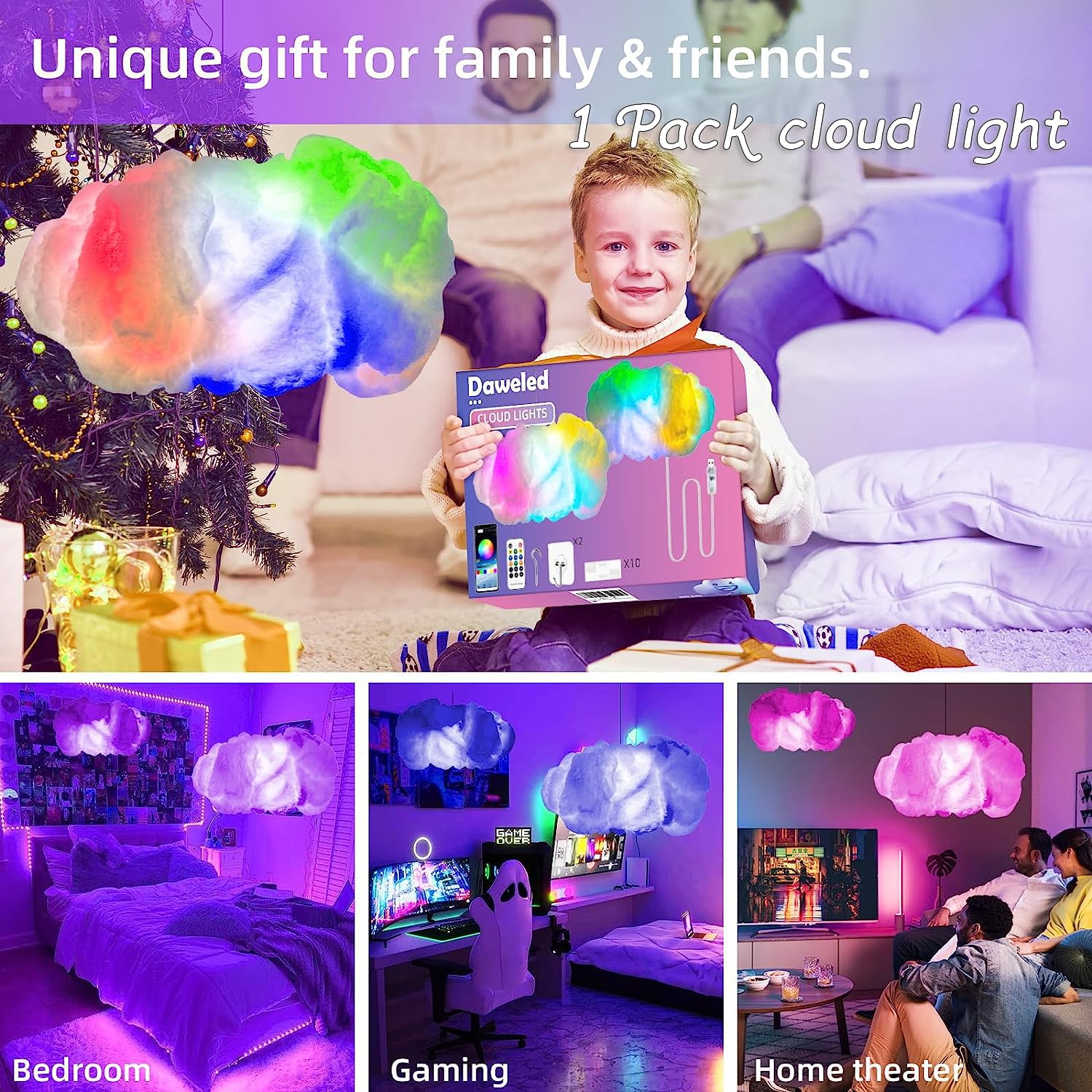 Cloud Led Lights For Bedroom - Aesthetic Mood Light, Music Sync App Control Wall Light, 3D Ceiling Lamp Color Changing Strip Lig