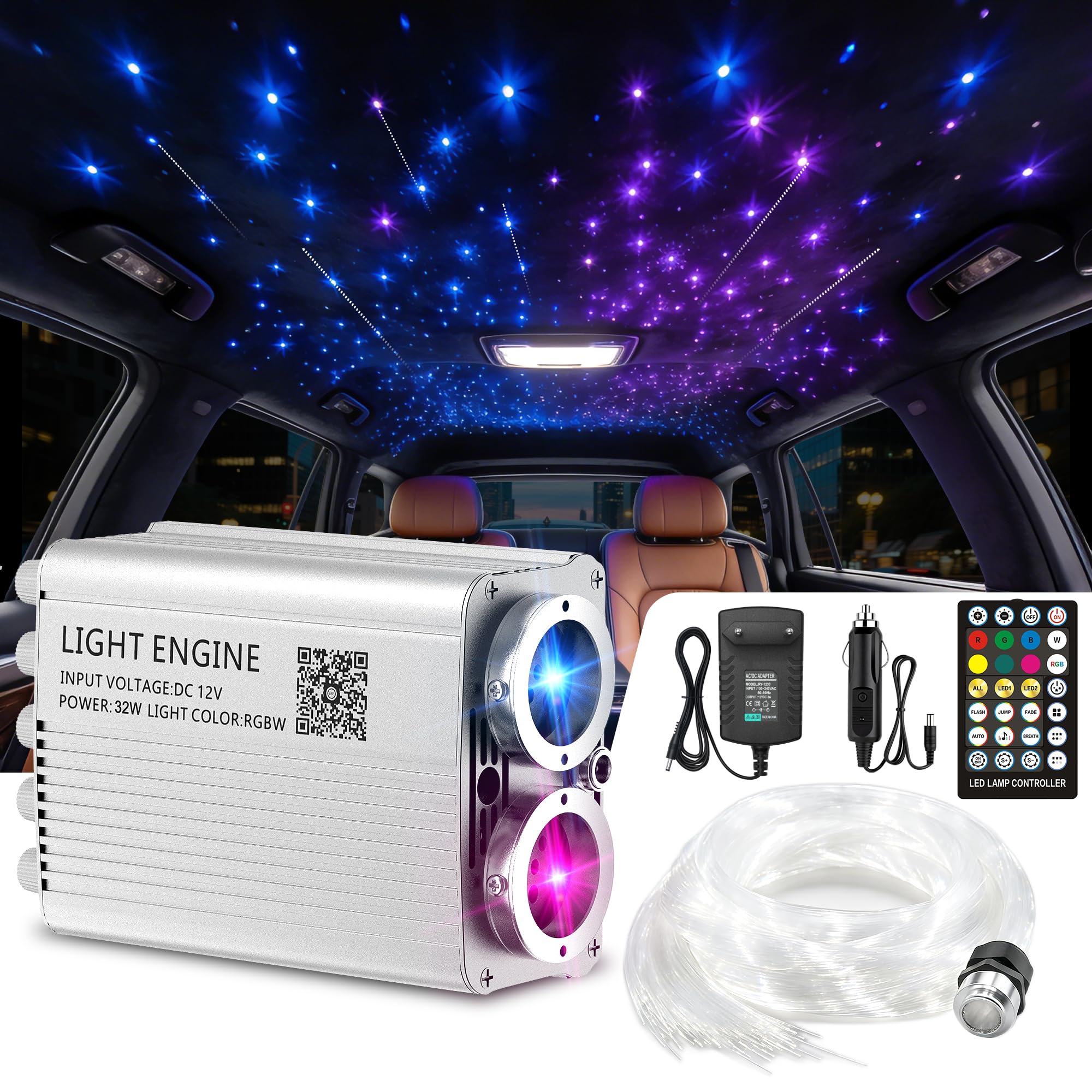 Starlight Headliner Kit 800pcs 0.75mm | Dual-Color Twinkle & RGB Meteor Lights | 32W Fiber Optic Ceiling Light for Cars, Trucks,