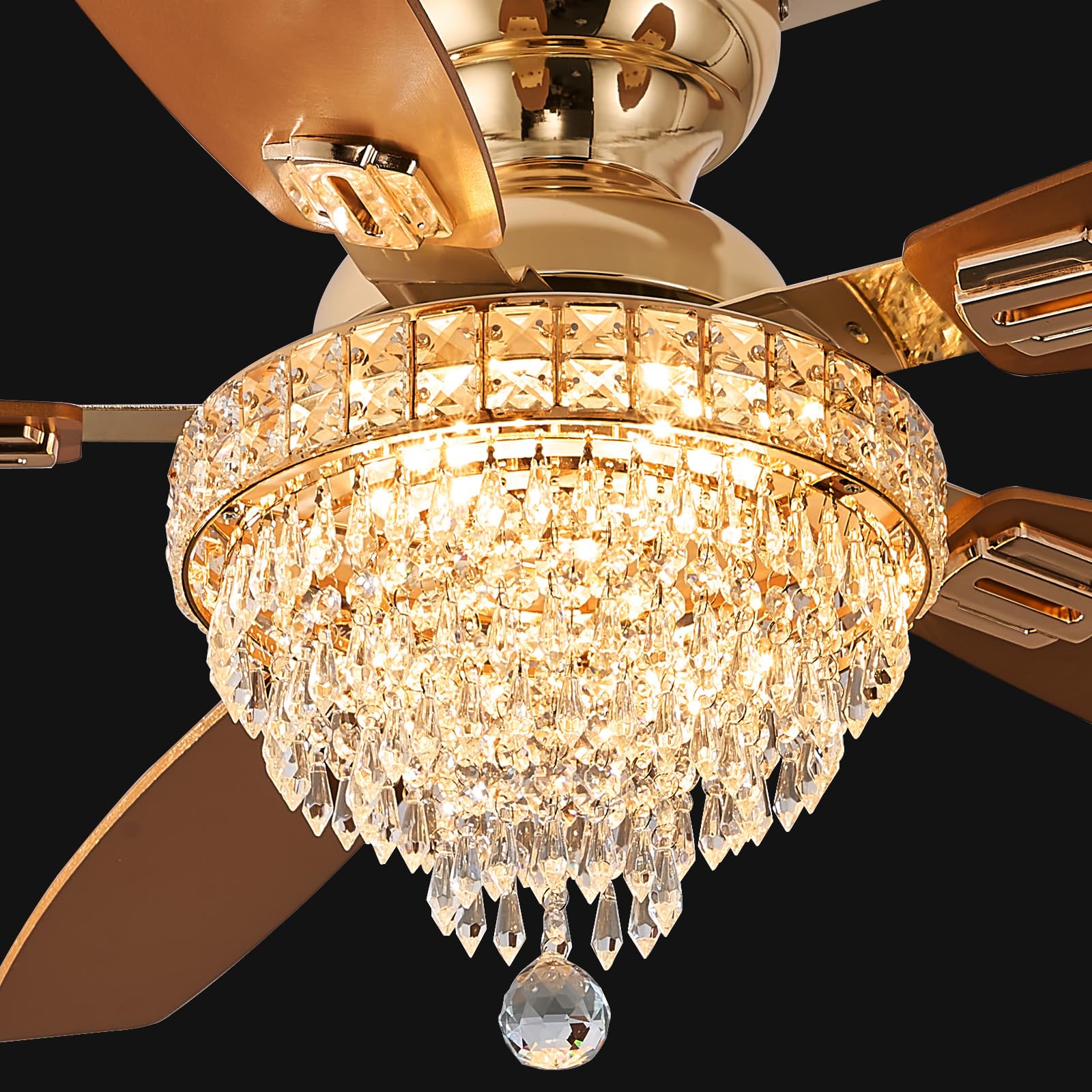 Fanyank Crystal Ceiling Fan Fandelier, 50" Gold, Flush Mount, Dimmable, Remote Control, Noiseless, Ideal for Bedroom