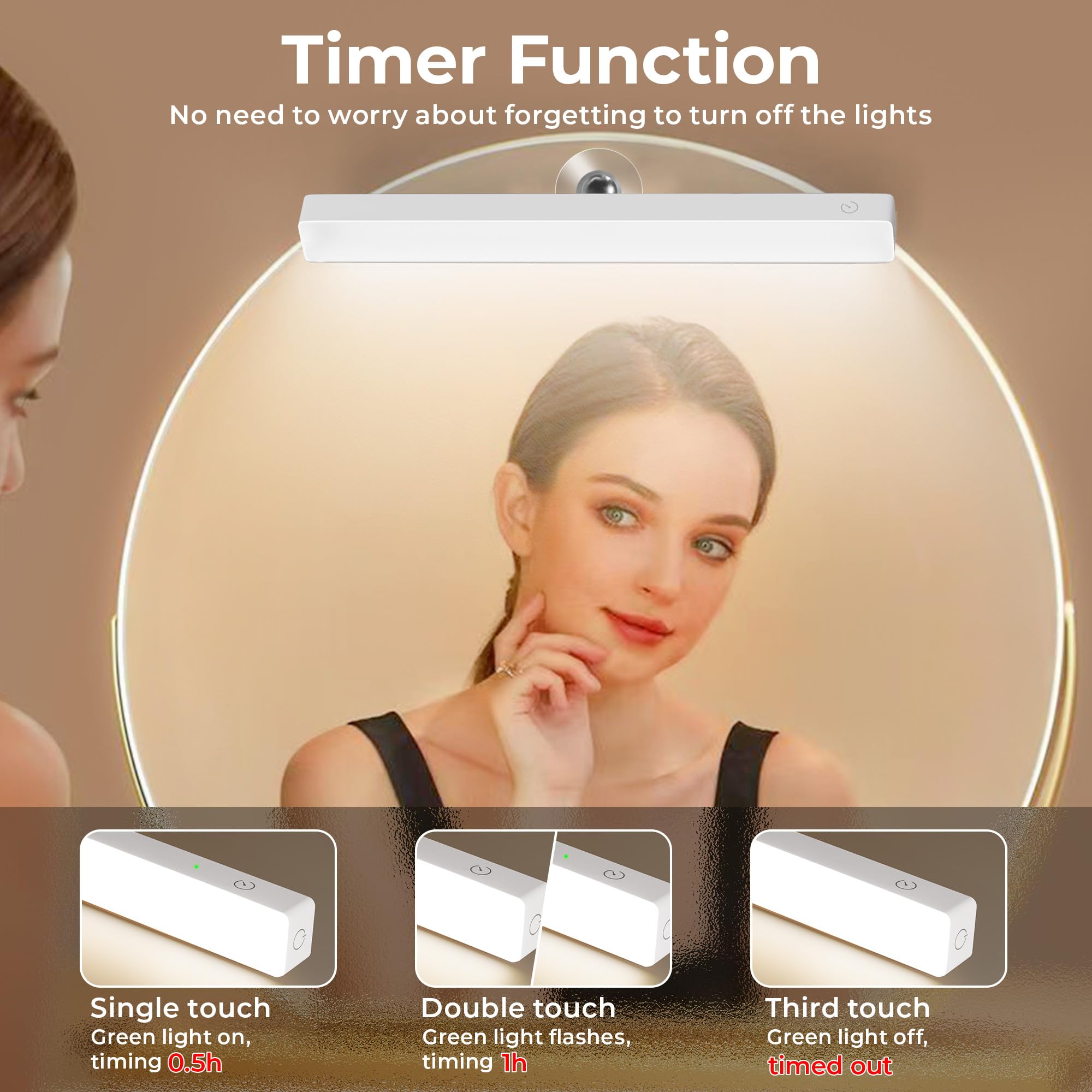 Benature LED Vanity Mirror Light, Rechargeable, Adjustable Brightness, 6500K, White, Model LCL025, Portable, Battery Operated