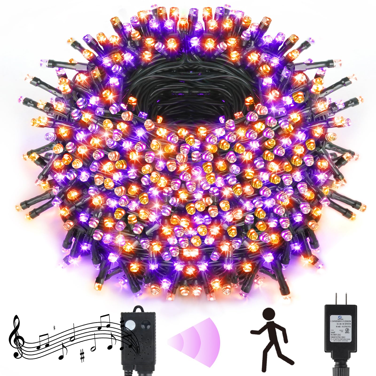 VTECHOLOGY 300 LED Halloween String Lights, Motion Sensor, 105ft, Purple & Orange, Model QL300IE, Copper Material