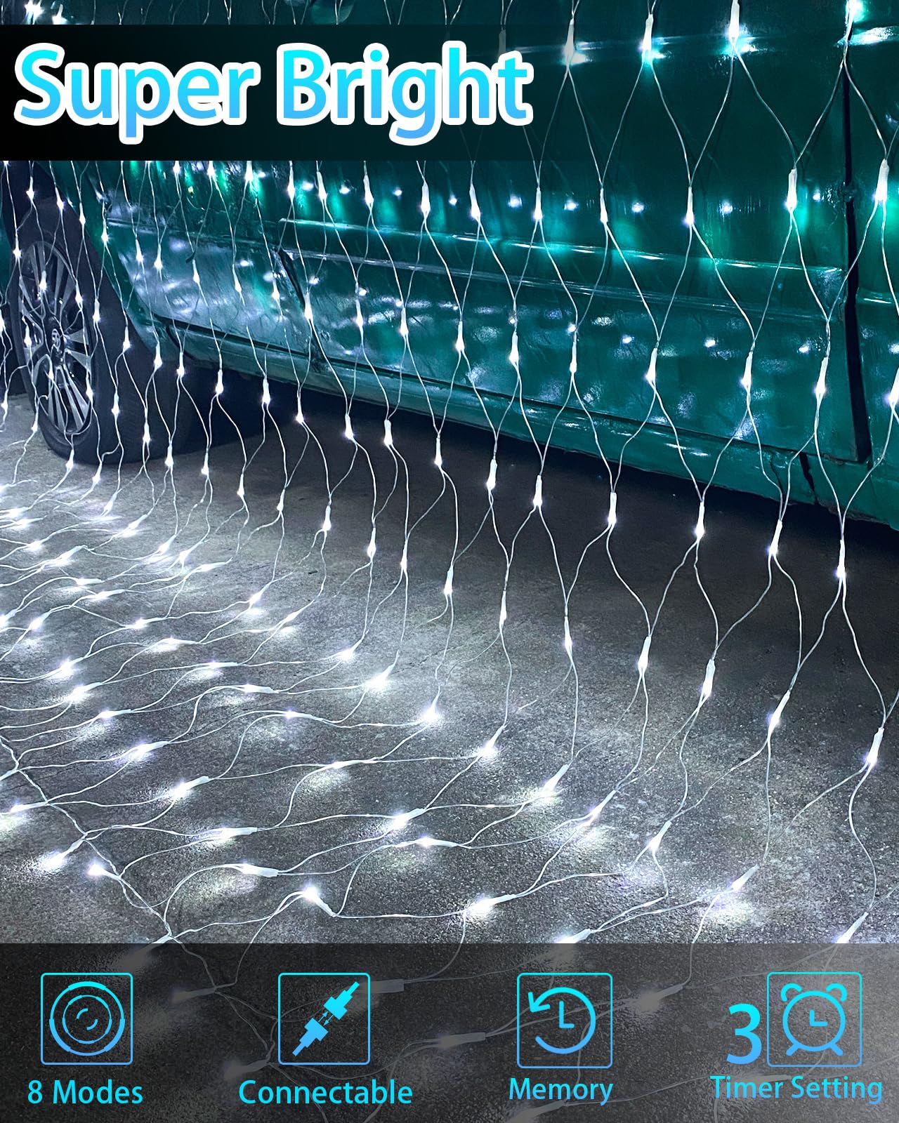 Coroor Christmas Net Lights, 360 LED Outdoor Mesh Lights, 12ft x 5ft, Cool White, Waterproof, 8 Modes, Model C-360-WD-W02